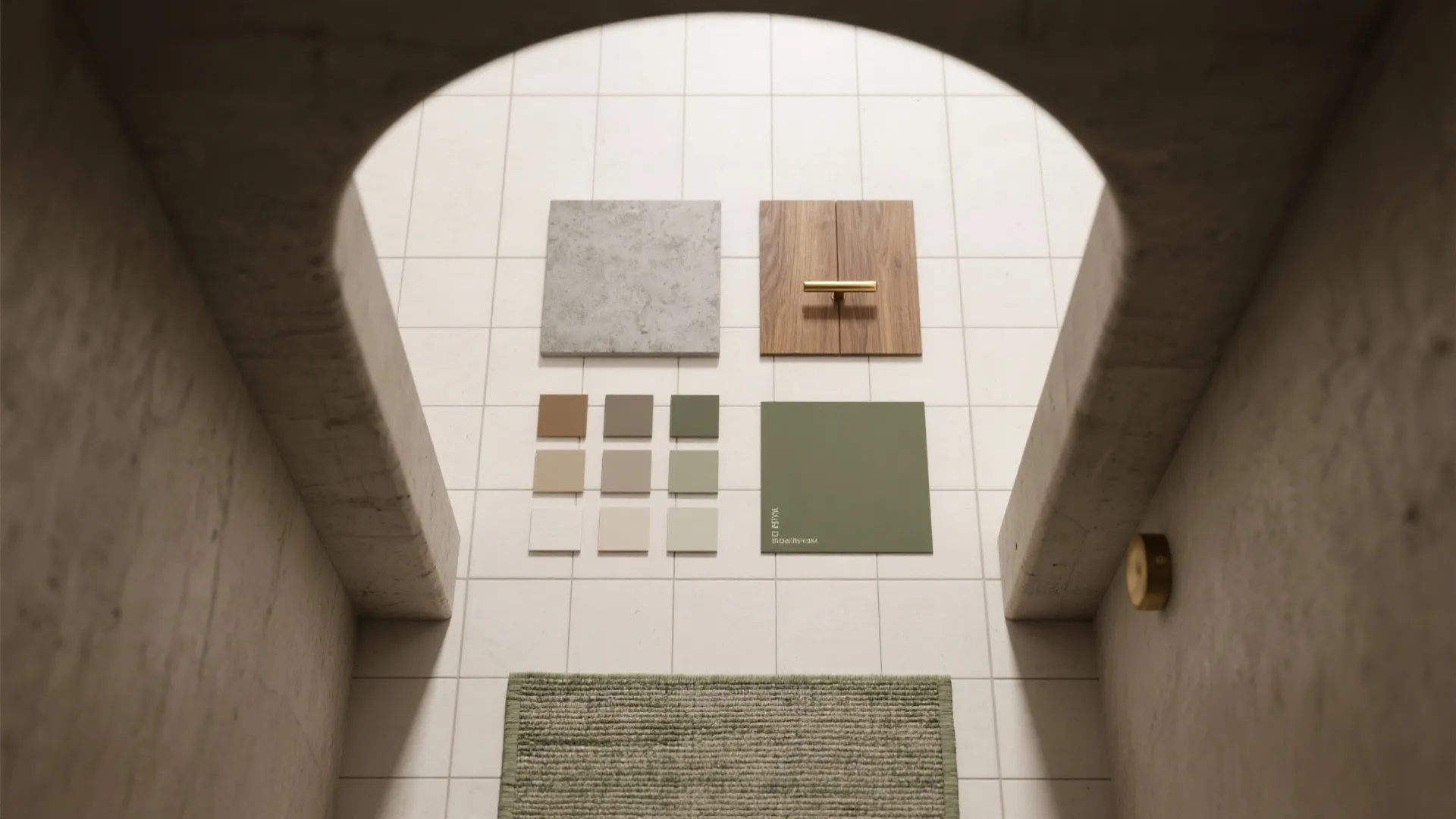 View through concrete arch showing interior design material samples including stone wood and green palettes