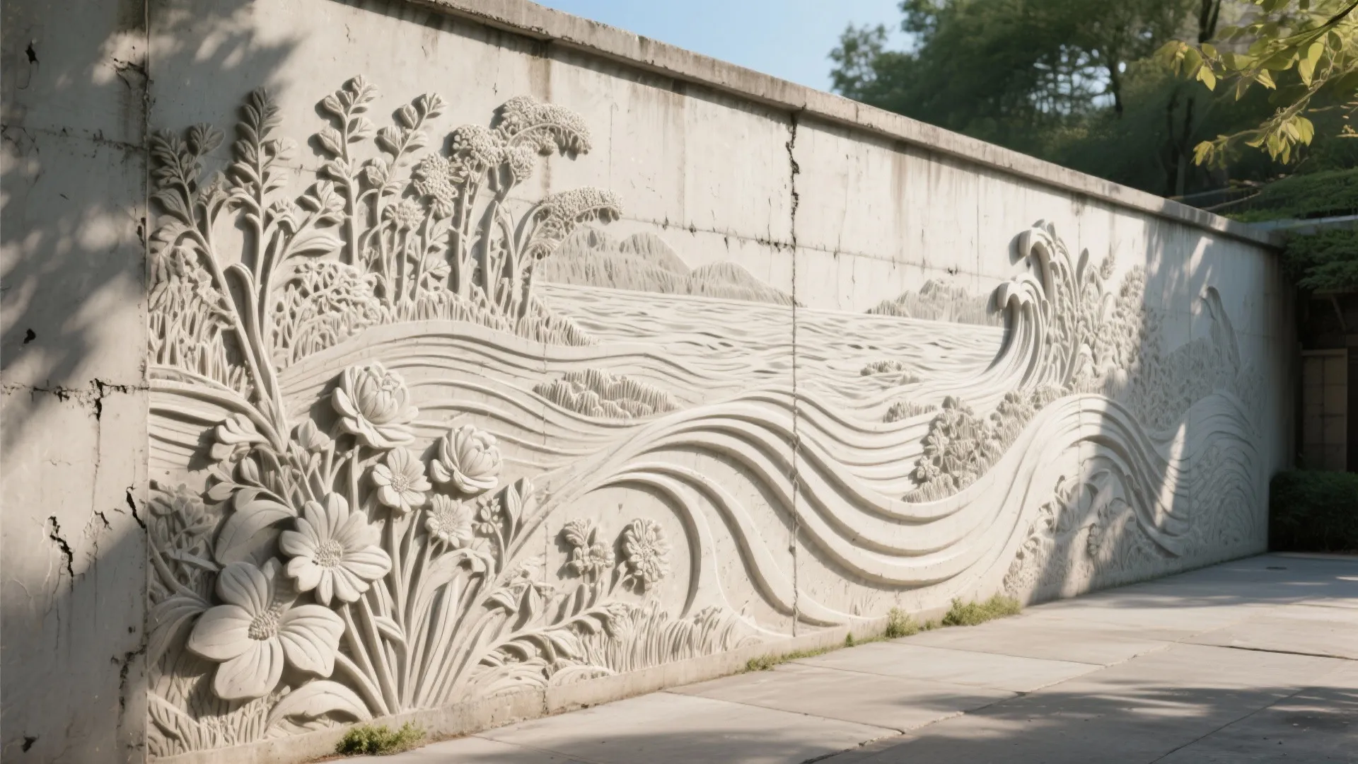 Large outdoor cement wall featuring detailed relief carvings of flowers waves and distant mountains scenery