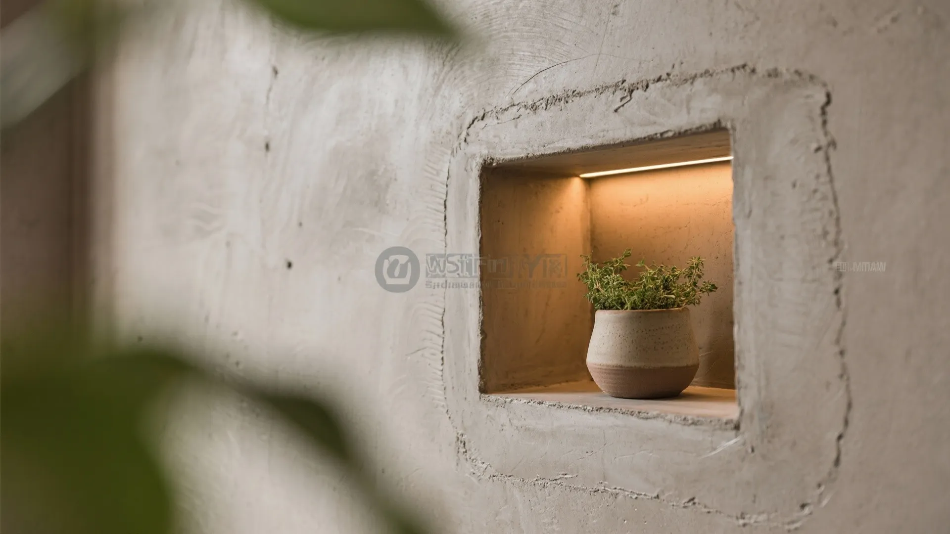 Textured cement feature wall with lighting niches