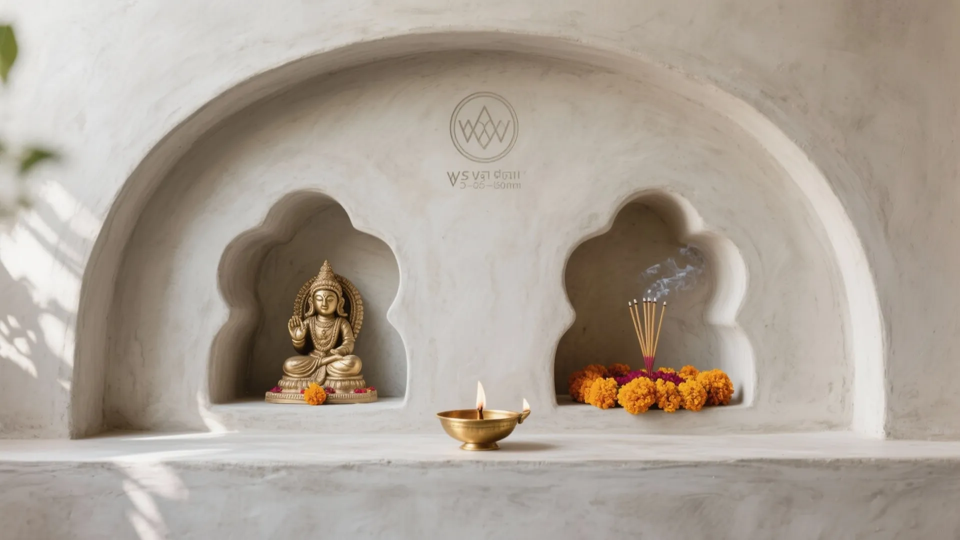 Arched wall openings containing golden statue and incense sticks with a small brass oil lamp