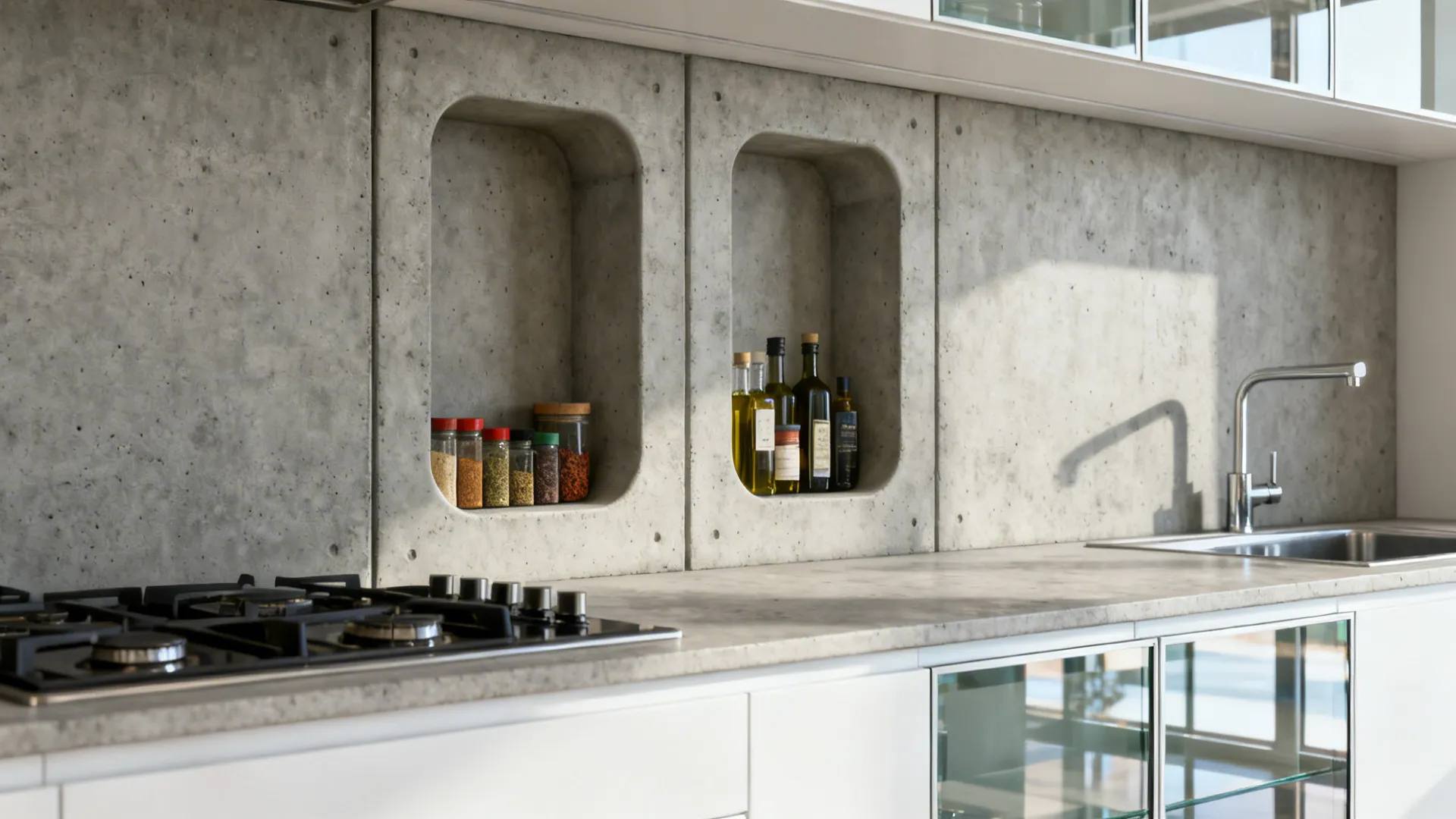 Recessed Niche Shelves in Cement Backsplash