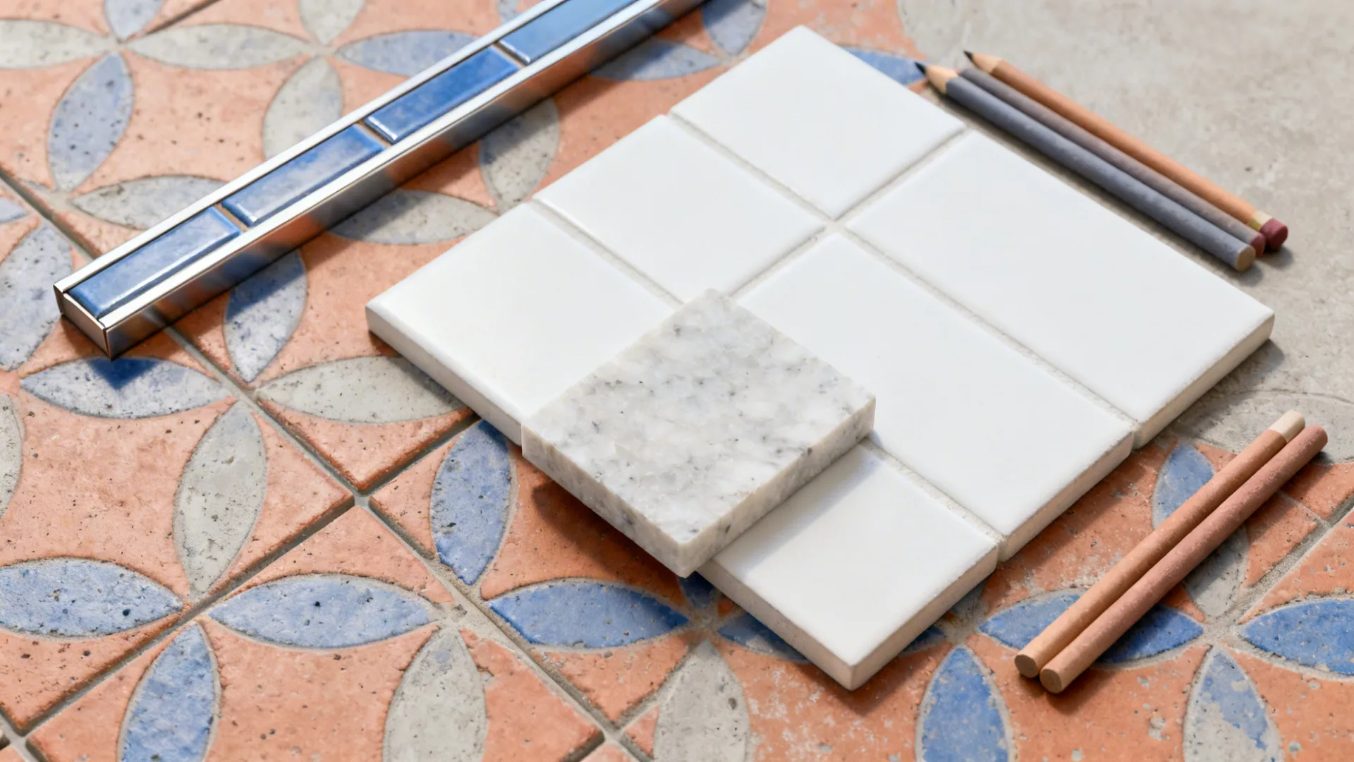 Flatlay of patterned cement tiles, metal trim, white field tile, quartz, and medium-tone grout for a niche.