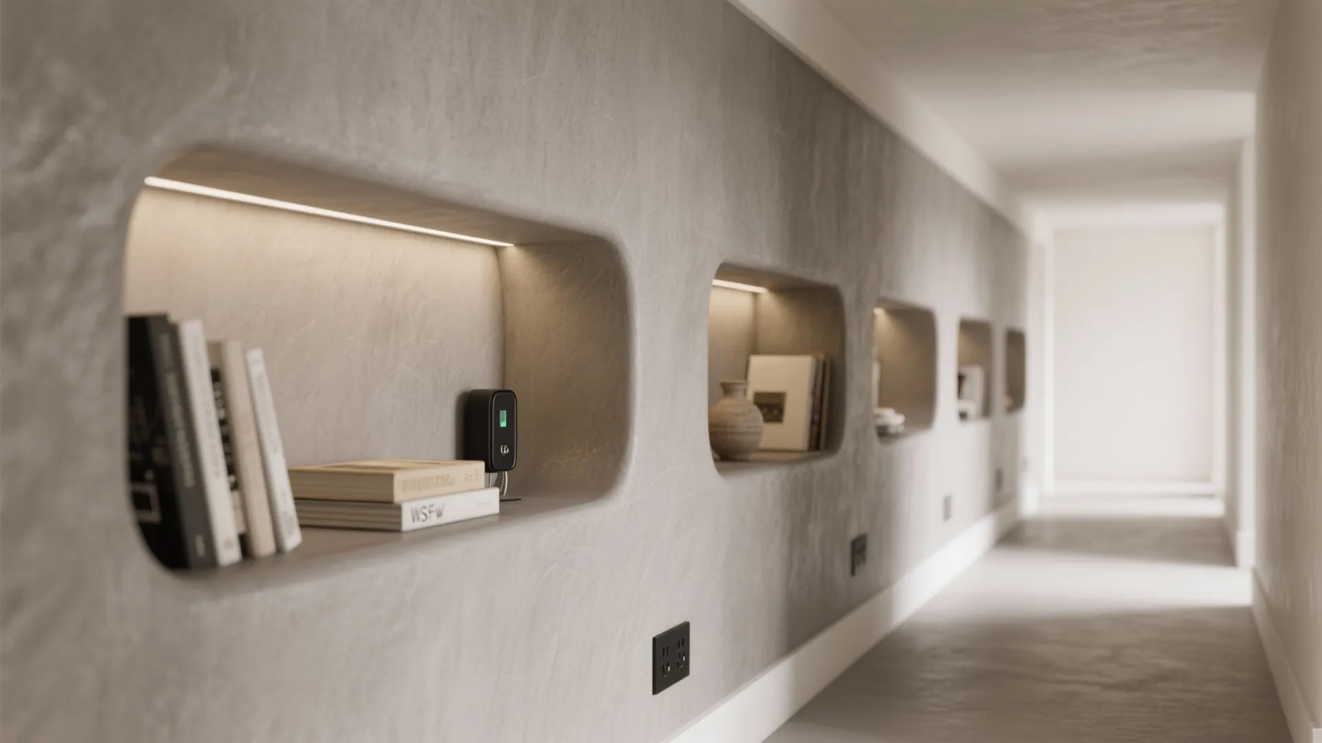 Modern hallway with grey concrete wall niches featuring warm light fixture books and decorative vase