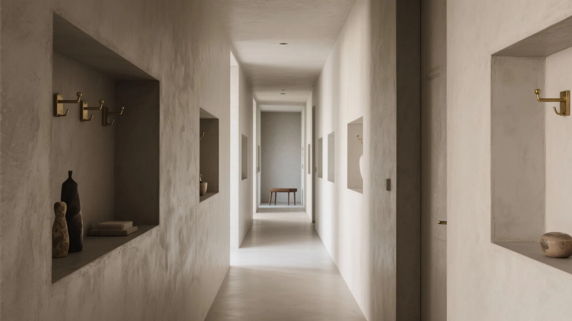 Minimalist hallway with recessed wall niches featuring gold hooks and small decorative items in beige