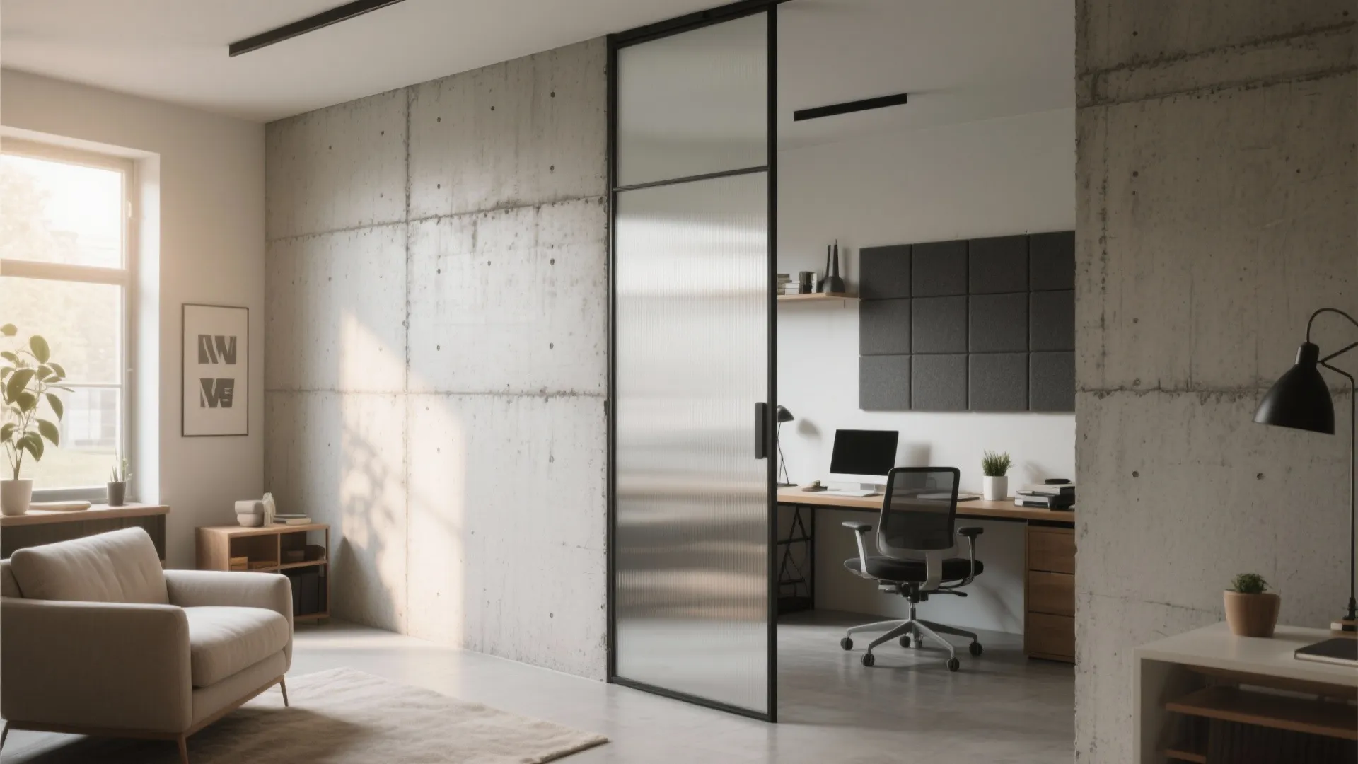 Modern home office with a glass door, wooden desk, black chair, and grey concrete wall