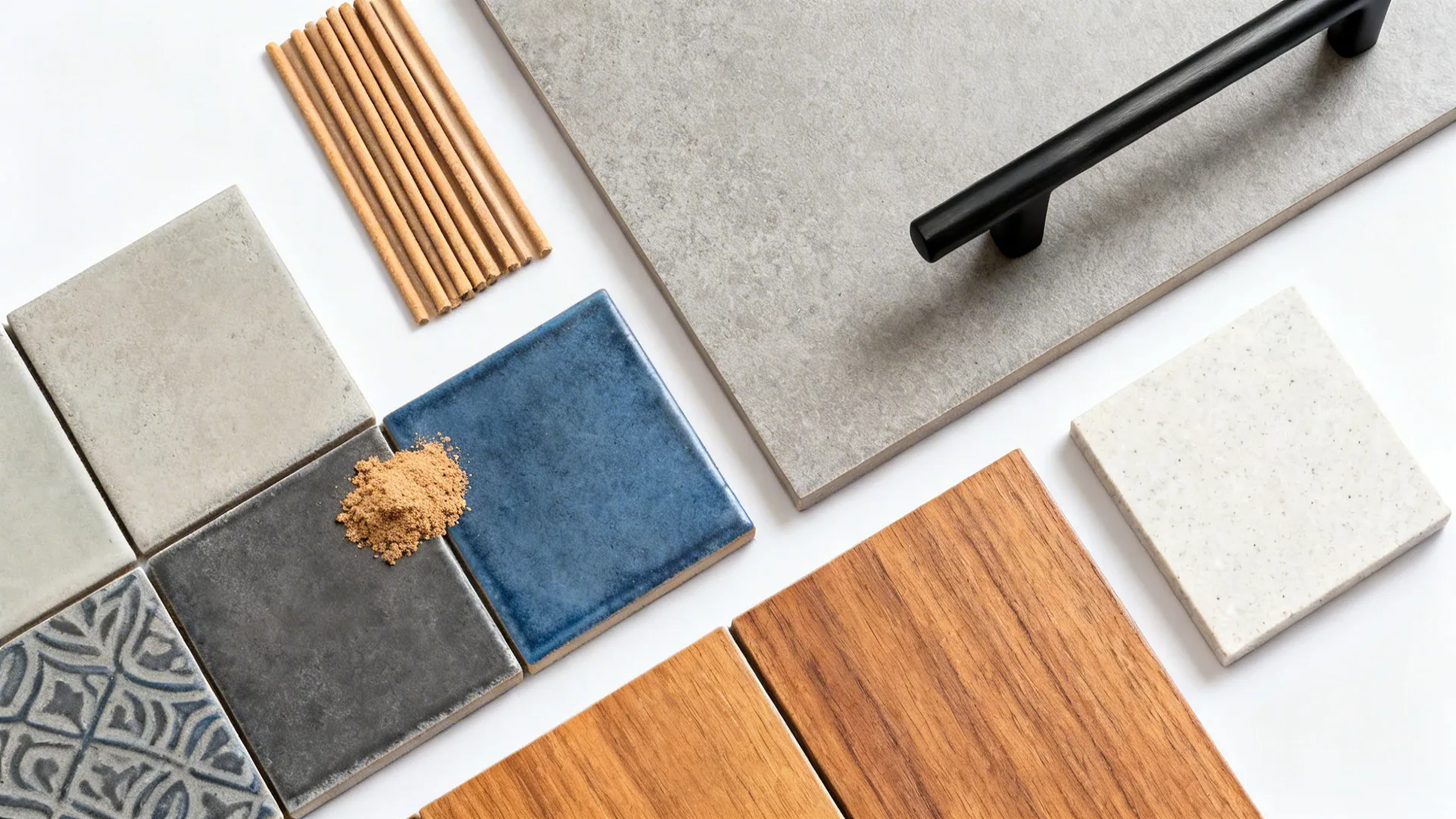 Top-down palette with cement-look porcelain tiles, quartz, wood, and grout samples.