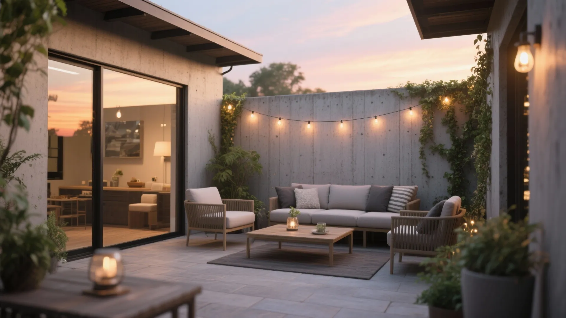 Outdoor patio at sunset with sofas, wooden coffee table, string lights, and grey concrete wall