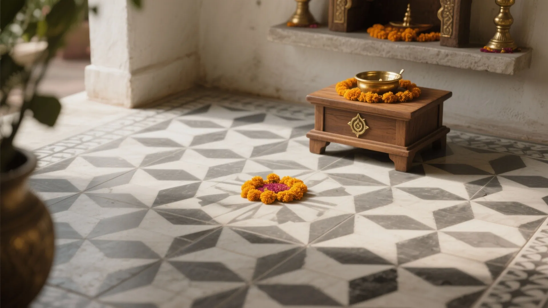 Encaustic cement tile patch in charcoal, ivory, and marigold defines a warm, patterned pooja floor.