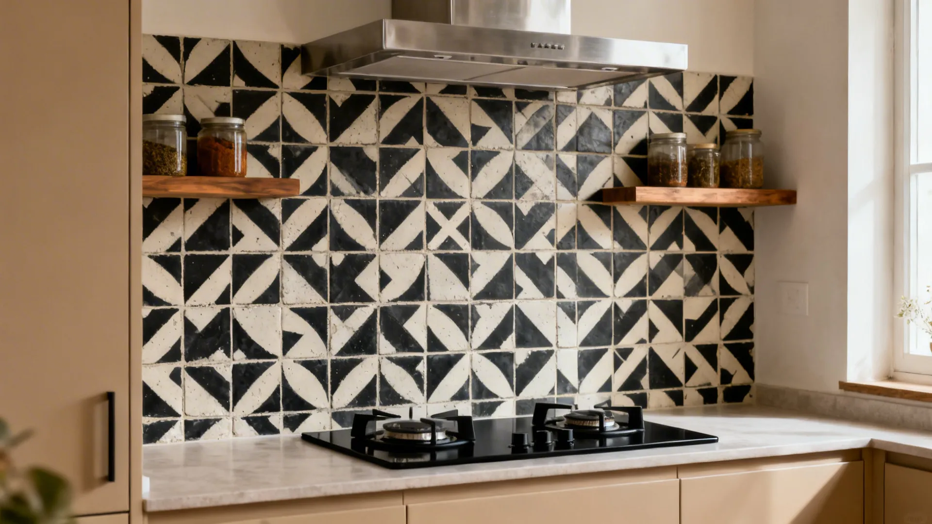 Black-and-ivory patterned cement tile backsplash behind a compact hob in a small Indian kitchen.