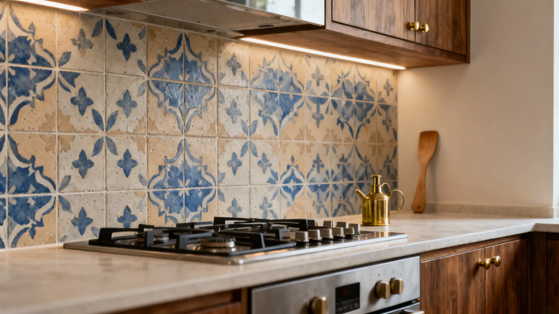 Matte indigo-and-sand patterned cement tile backsplash with walnut cabinets and brass accents.