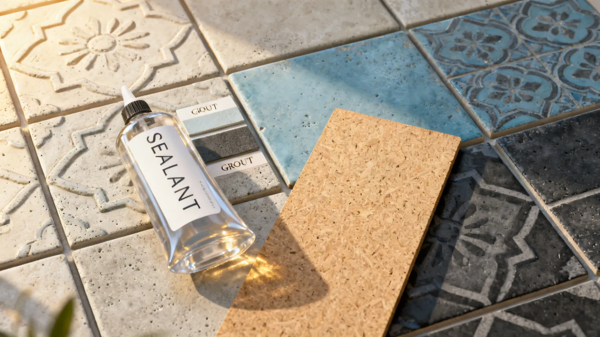 Flatlay of patterned cement and cement-look tiles with grout chips and MDF panel mockup.
