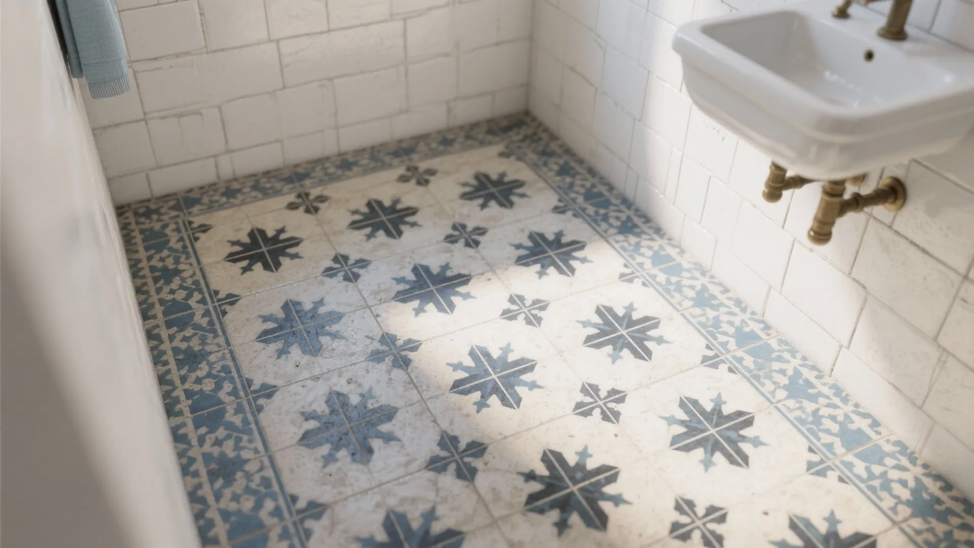 Muted blue, bone, and charcoal Moroccan cement tile floor with star-and-cross pattern.