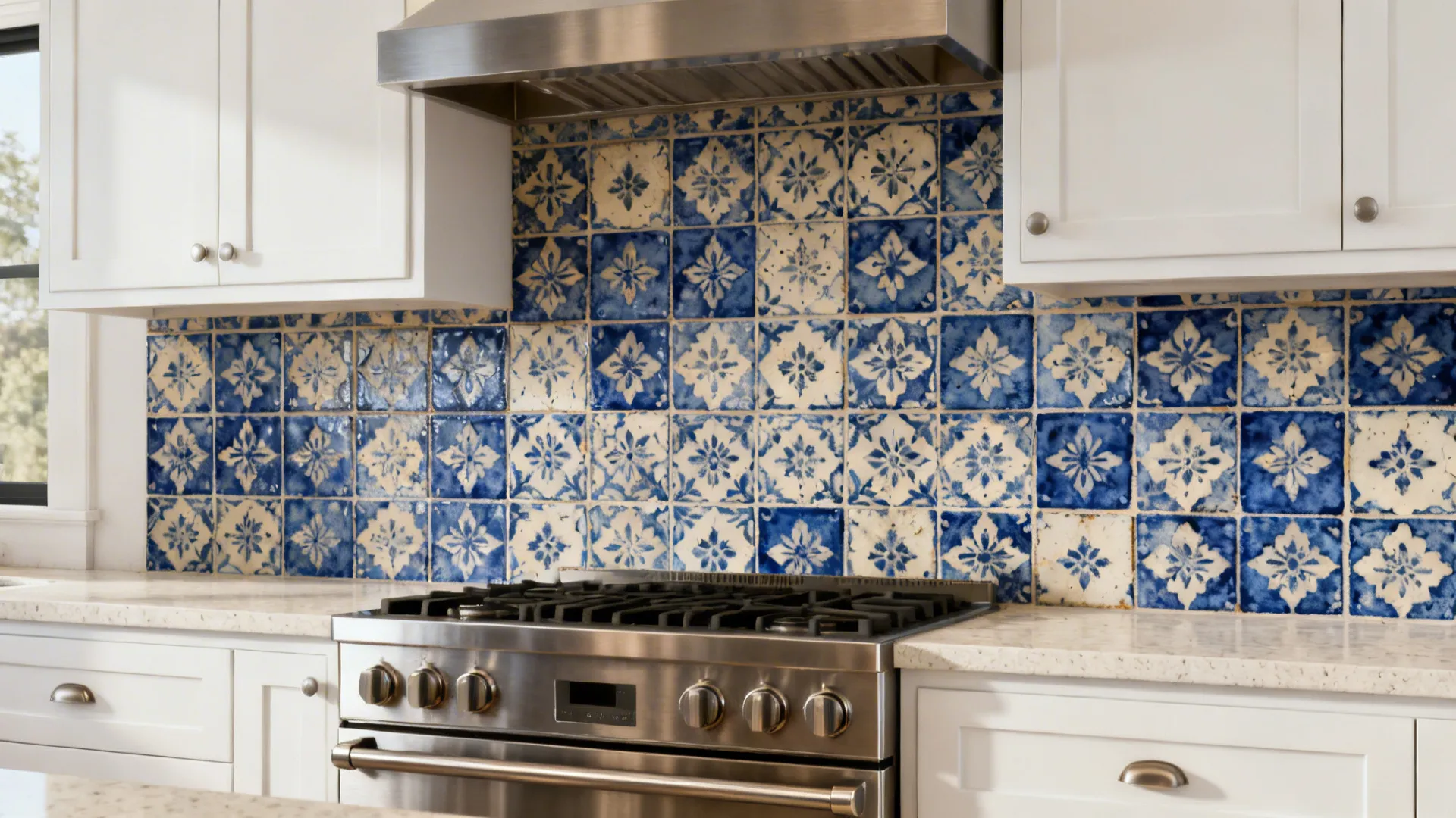 Range wall in a small kitchen clad in blue-and-cream patterned cement tiles balanced by plain white cabinetry.