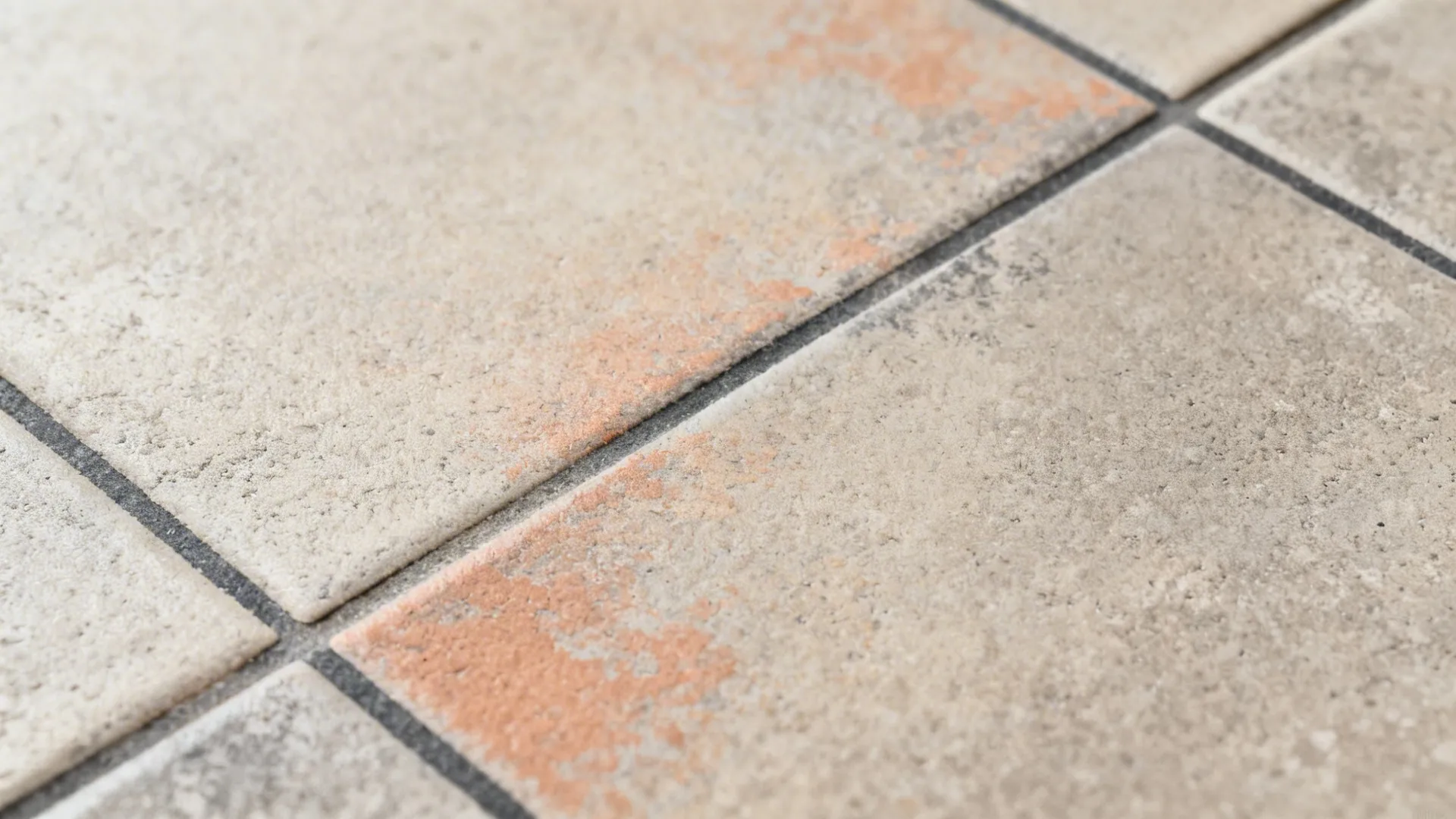 Macro of muted cement-look porcelain tile with soft charcoal and terracotta details.