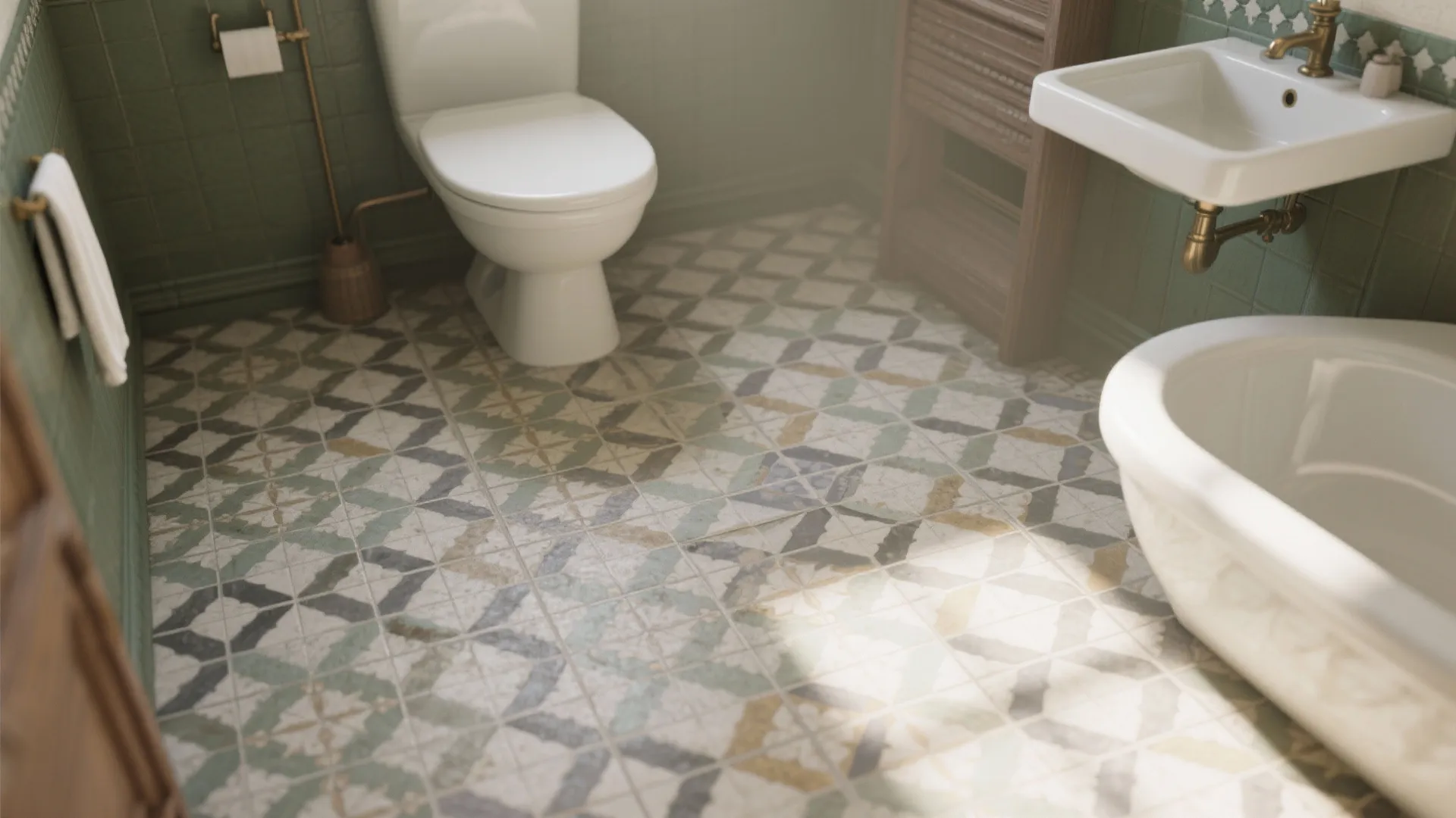 Vintage style bathroom showing decorative patterned floor tiles, white toilet, small sink, and green walls