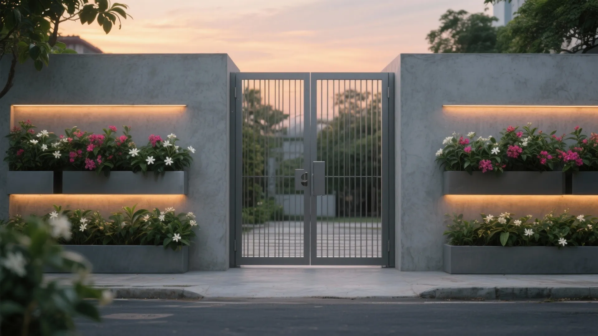 Modern grey concrete wall with metal gate featuring flower boxes with pink flowers and warm lights