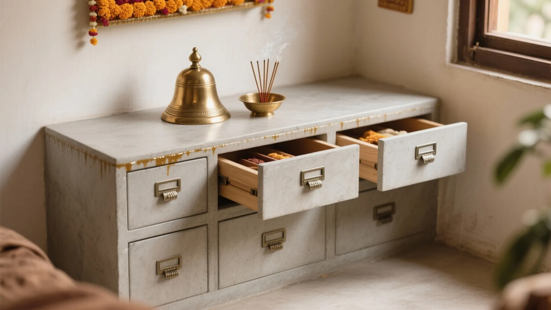 Grey stone cabinet with open wooden drawers holding small items next to a metal bell