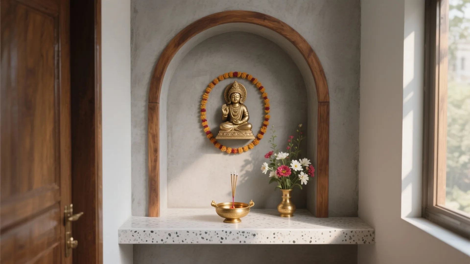 Gold Buddha statue inside arched wall nook with flowers in brass vase on stone shelf