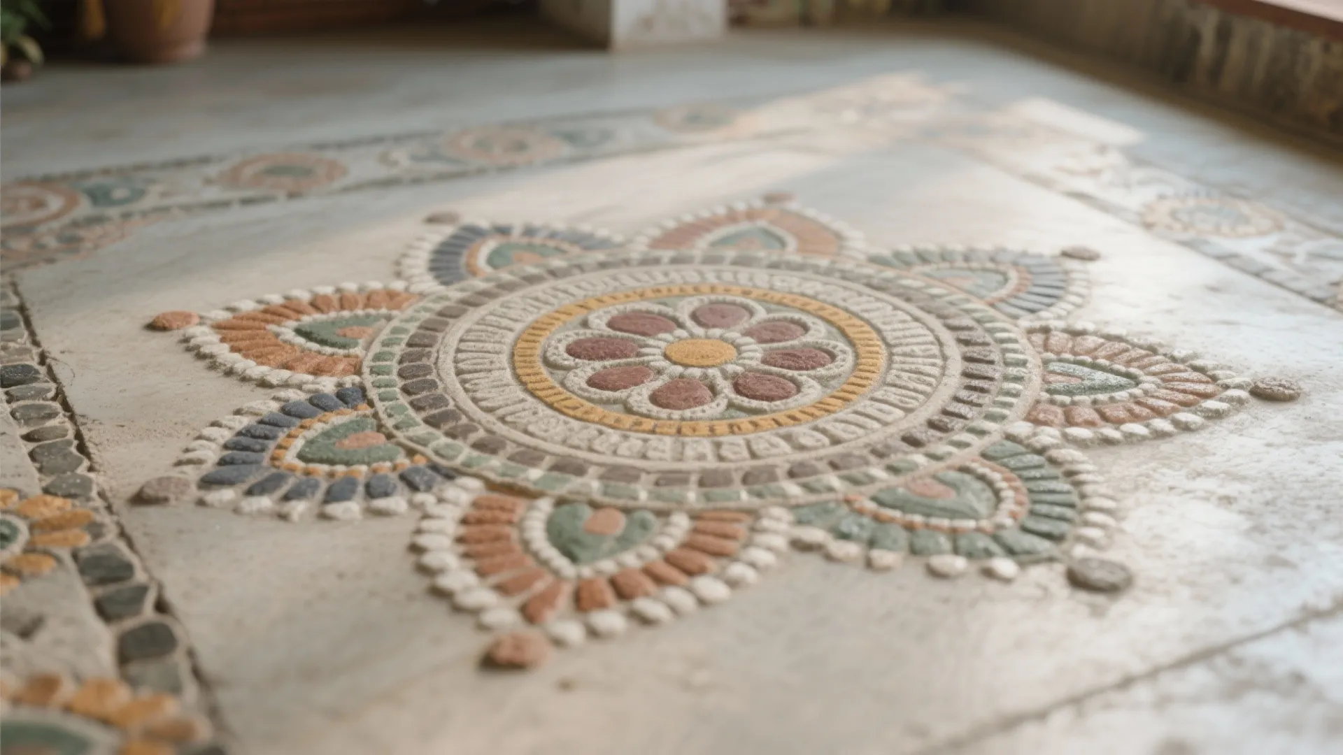 Cement flooring with inlaid rangoli patterns