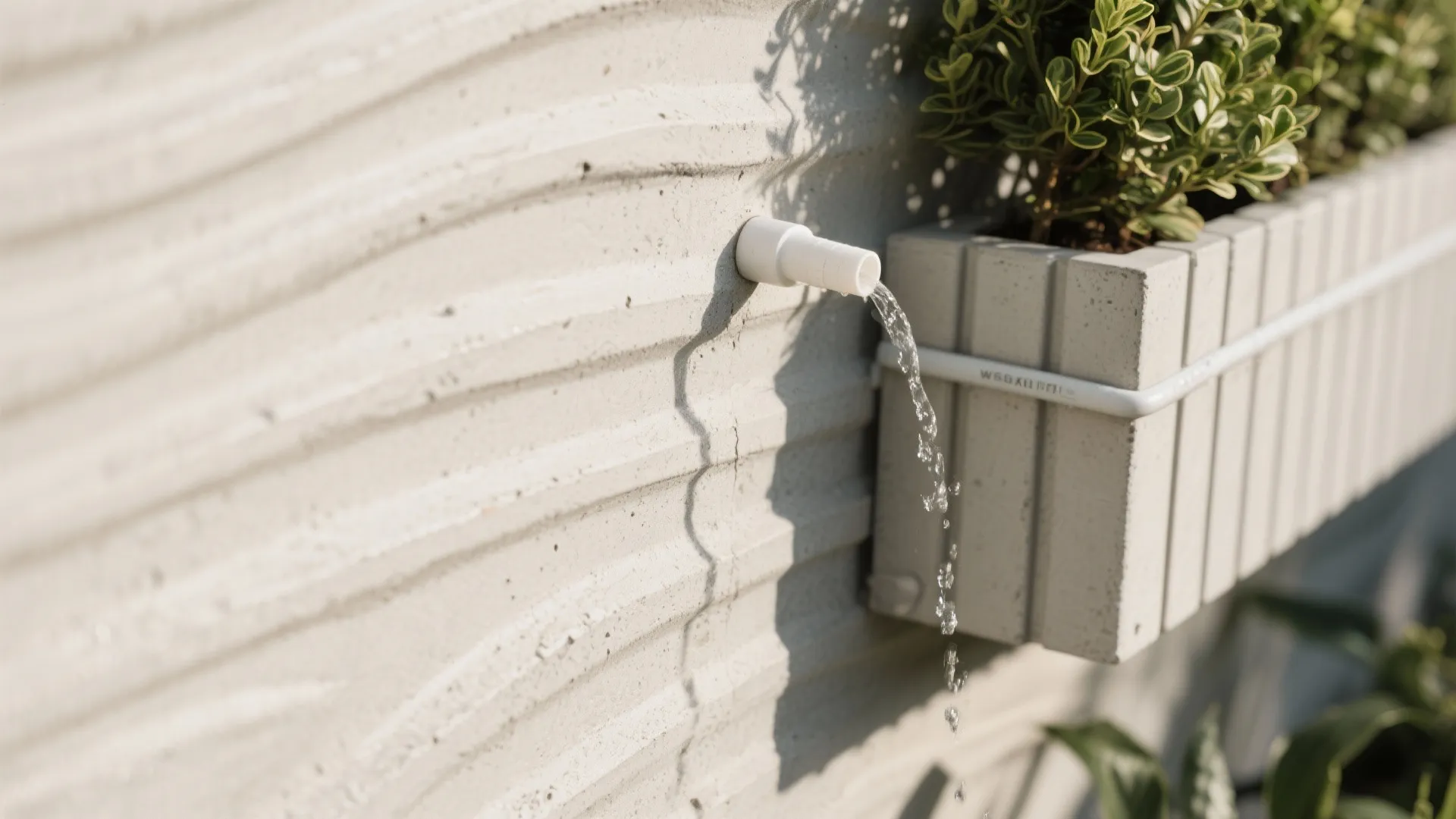Close up of water flowing from a small white pipe into a grey concrete planter