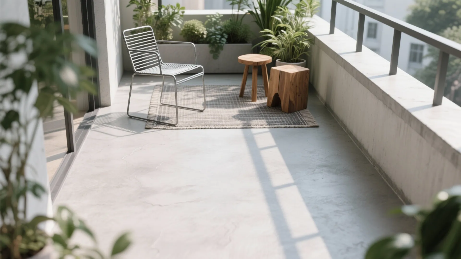 Minimalist balcony with grey concrete floor featuring a metal chair and small wooden stools with plants