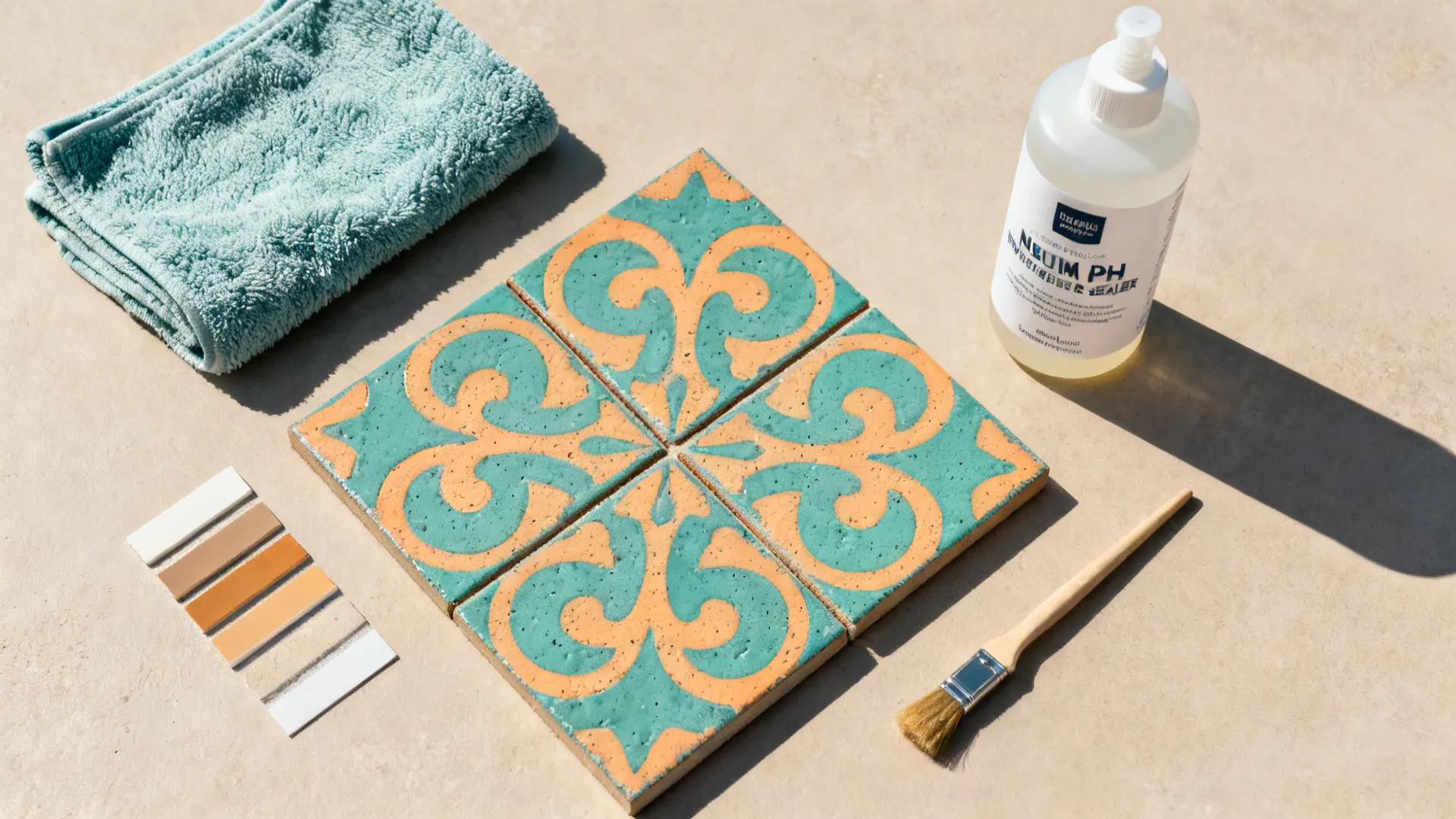 Flat lay of patterned floor tiles with cleaning bottle, small brush, blue towel, and samples