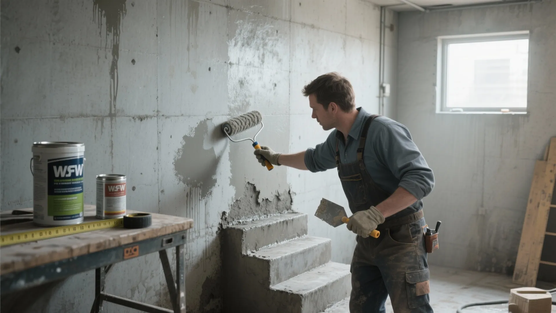 Worker using paint roller to apply clear liquid sealer onto a concrete wall inside the basement