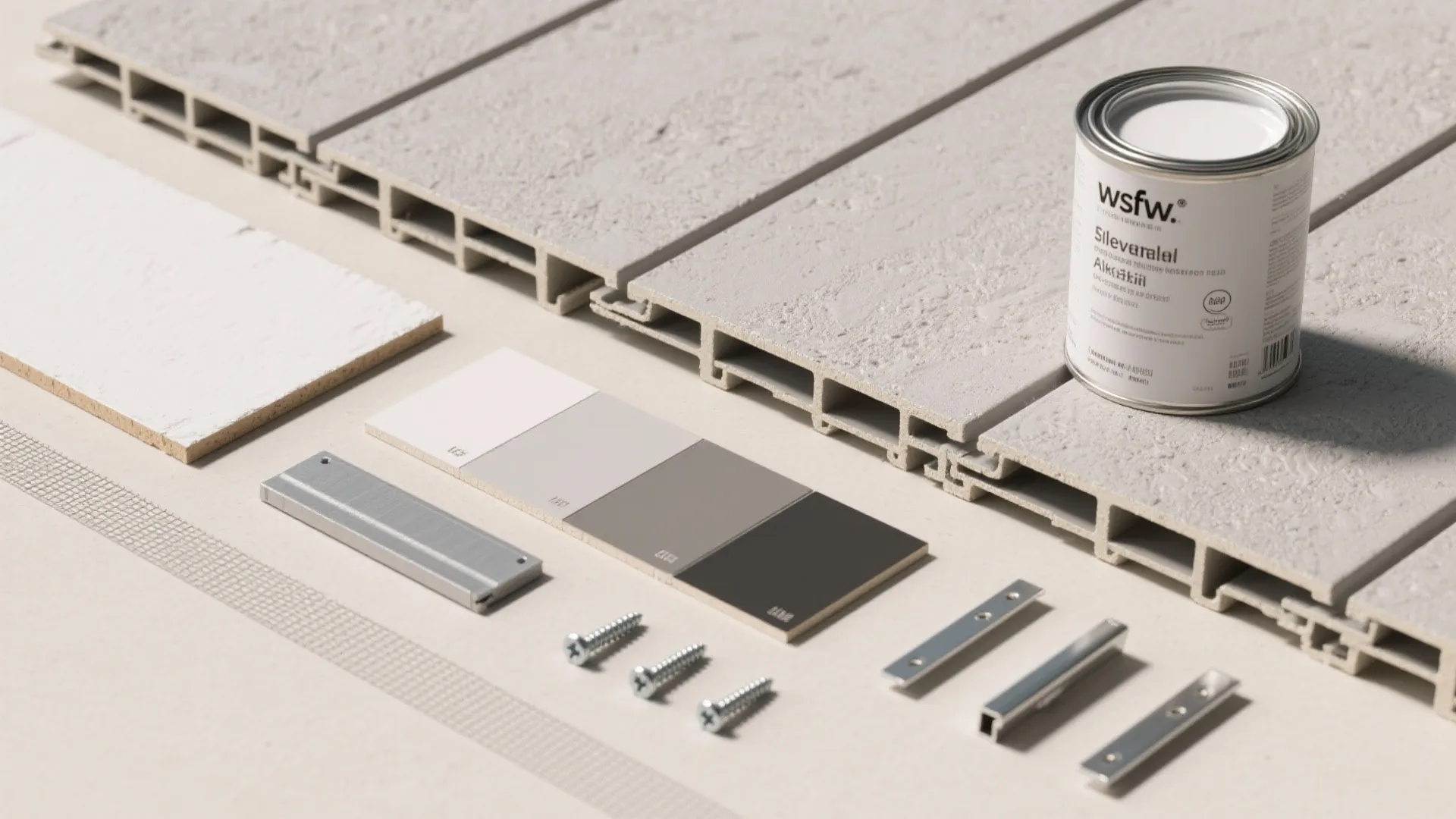 Grey wall panel pieces with paint can and color samples plus screws for home renovation