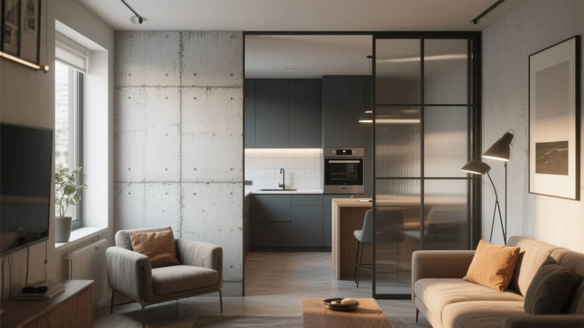 Living room area featuring a beige sofa, glass door partition, and dark grey kitchen cabinet