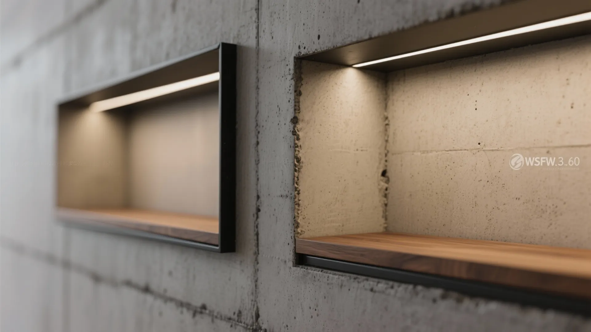 Recessed wall shelves with wooden base and built in light strips on grey concrete wall