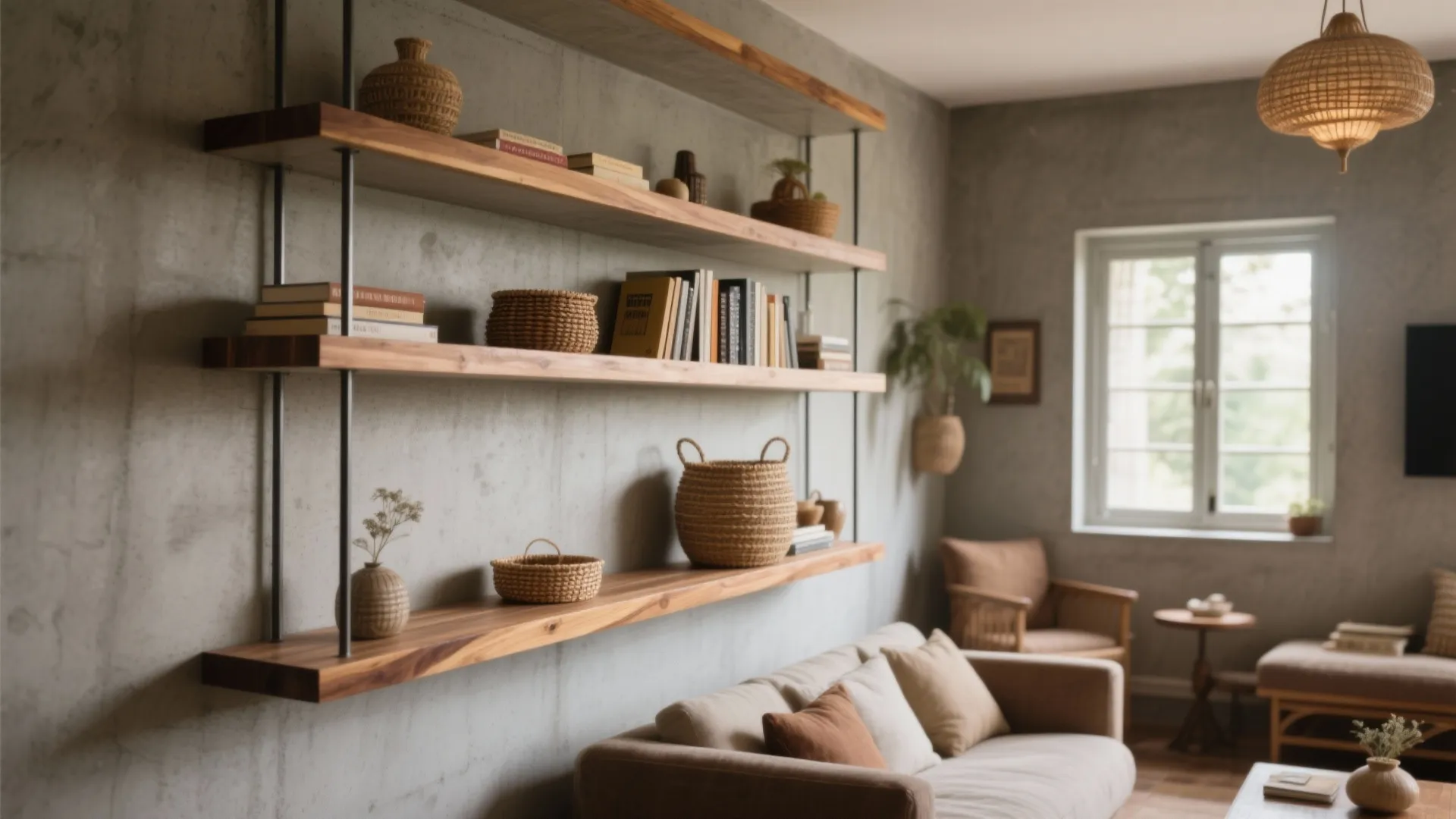 Floating Cement Shelves with Warm Wood Edges