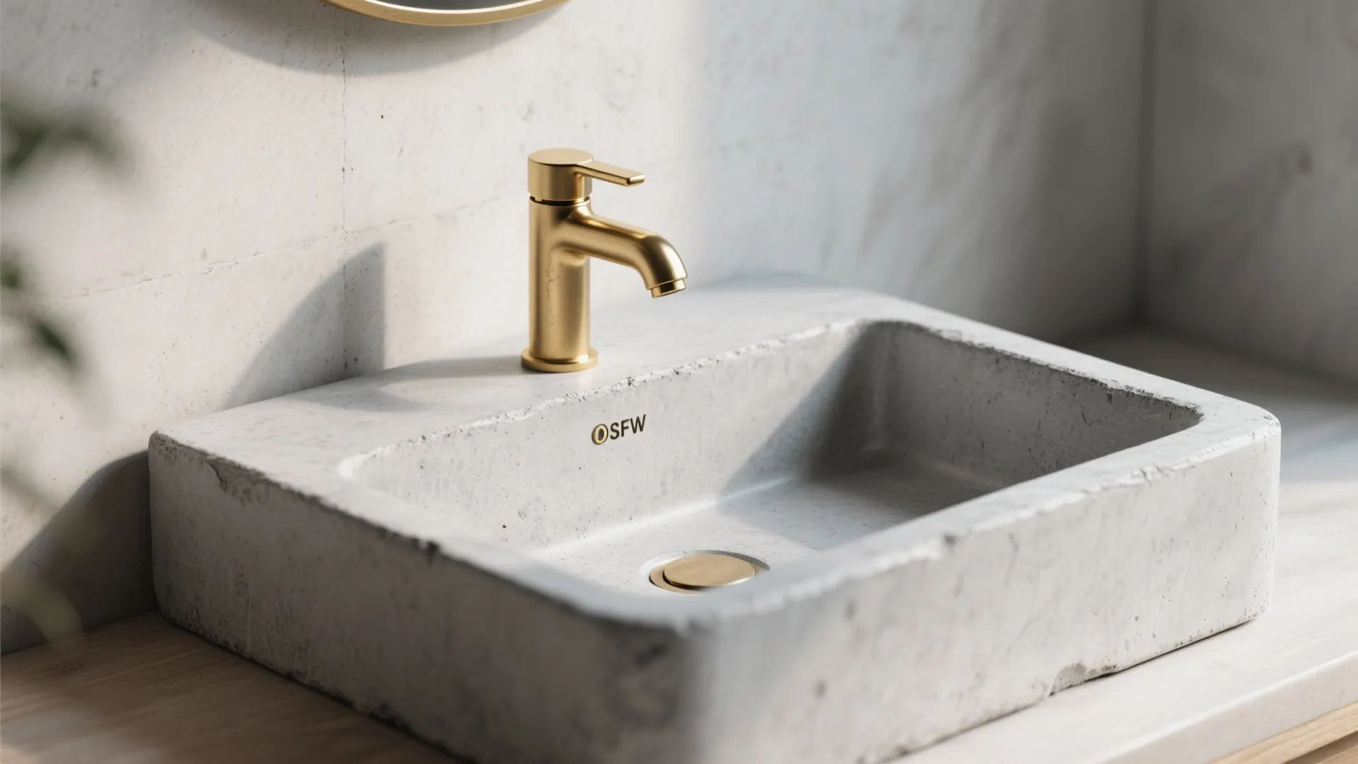 Modern grey stone bathroom sink with gold faucet on wooden counter against white tile wall