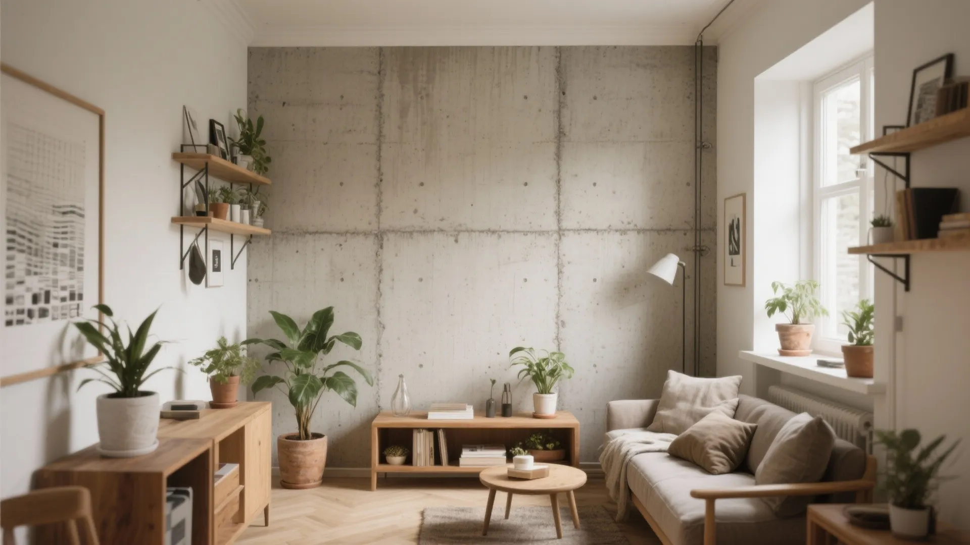 Modern living room with concrete wall panel beige sofa wooden furniture and many green plants