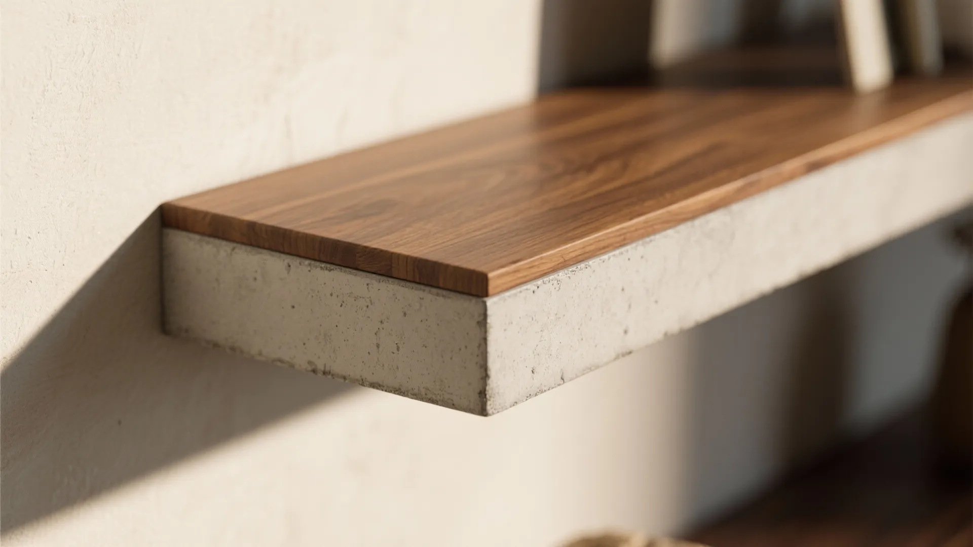 Close up of wall mounted shelf featuring grey concrete base and smooth wood top surface