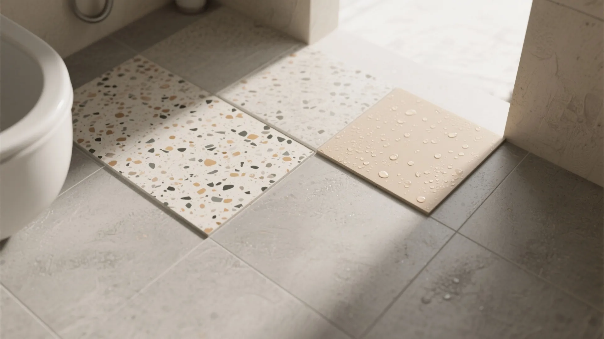 Cement- or terrazzo-look tiles that hide hard-water marks