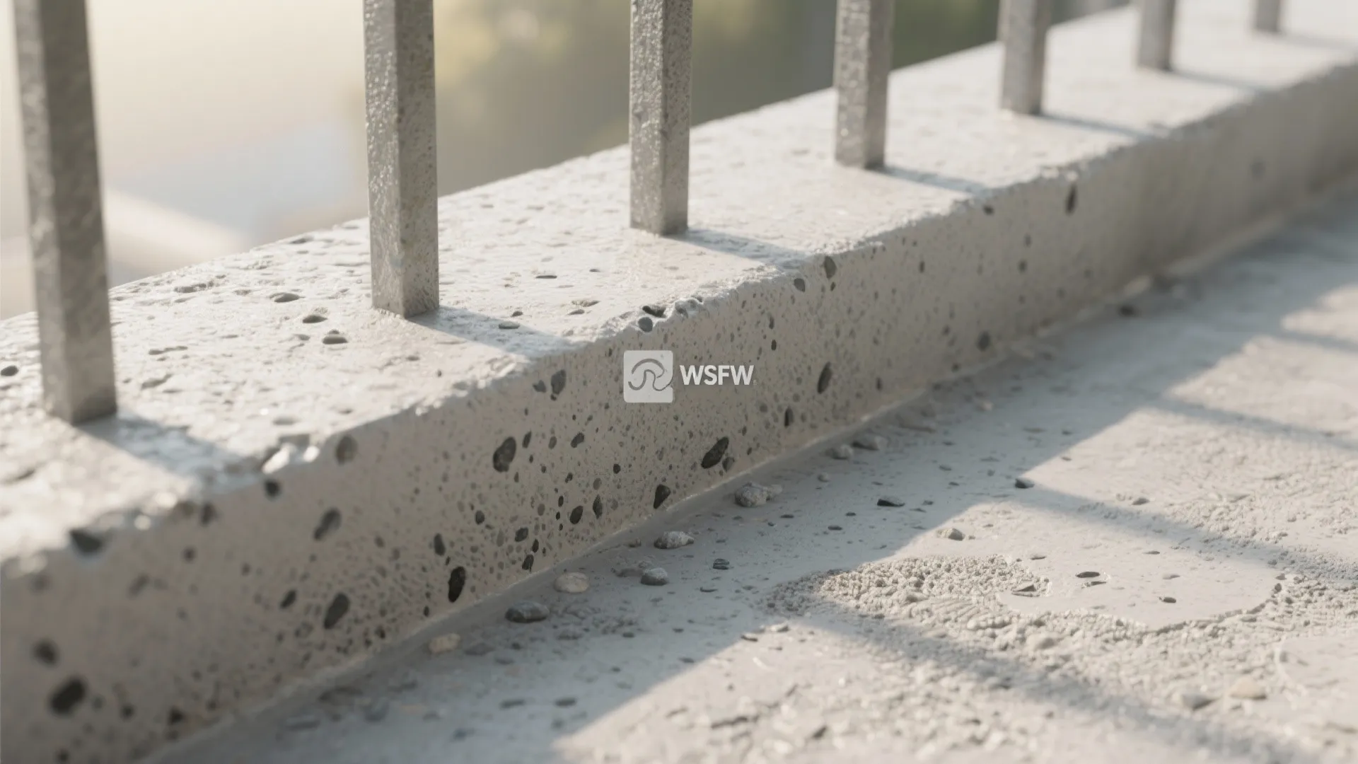 Close up of grey concrete balcony edge with rough texture and silver metal railing posts