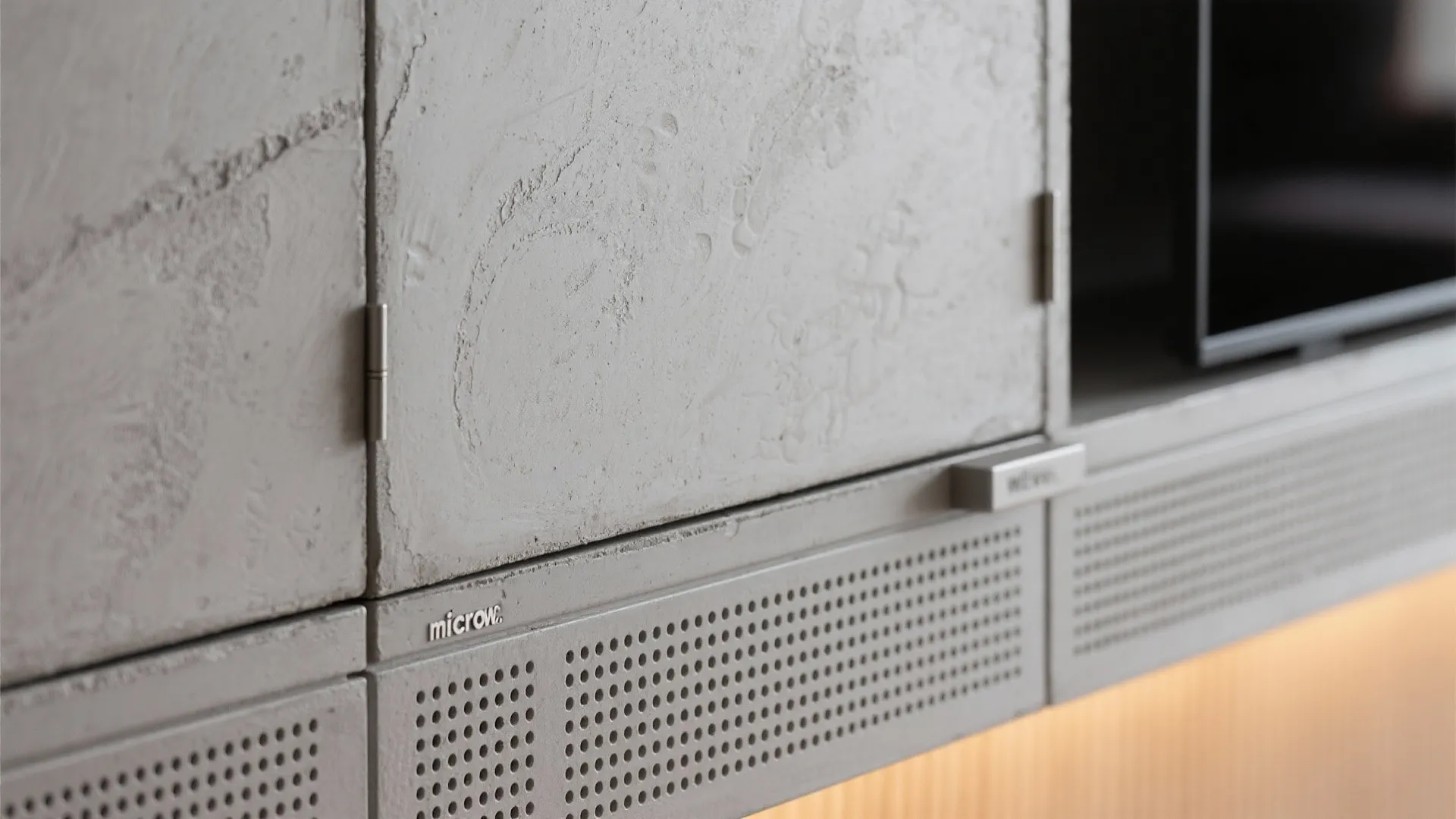 Close up shot of grey concrete wall cabinet door with metal hinges and small round holes