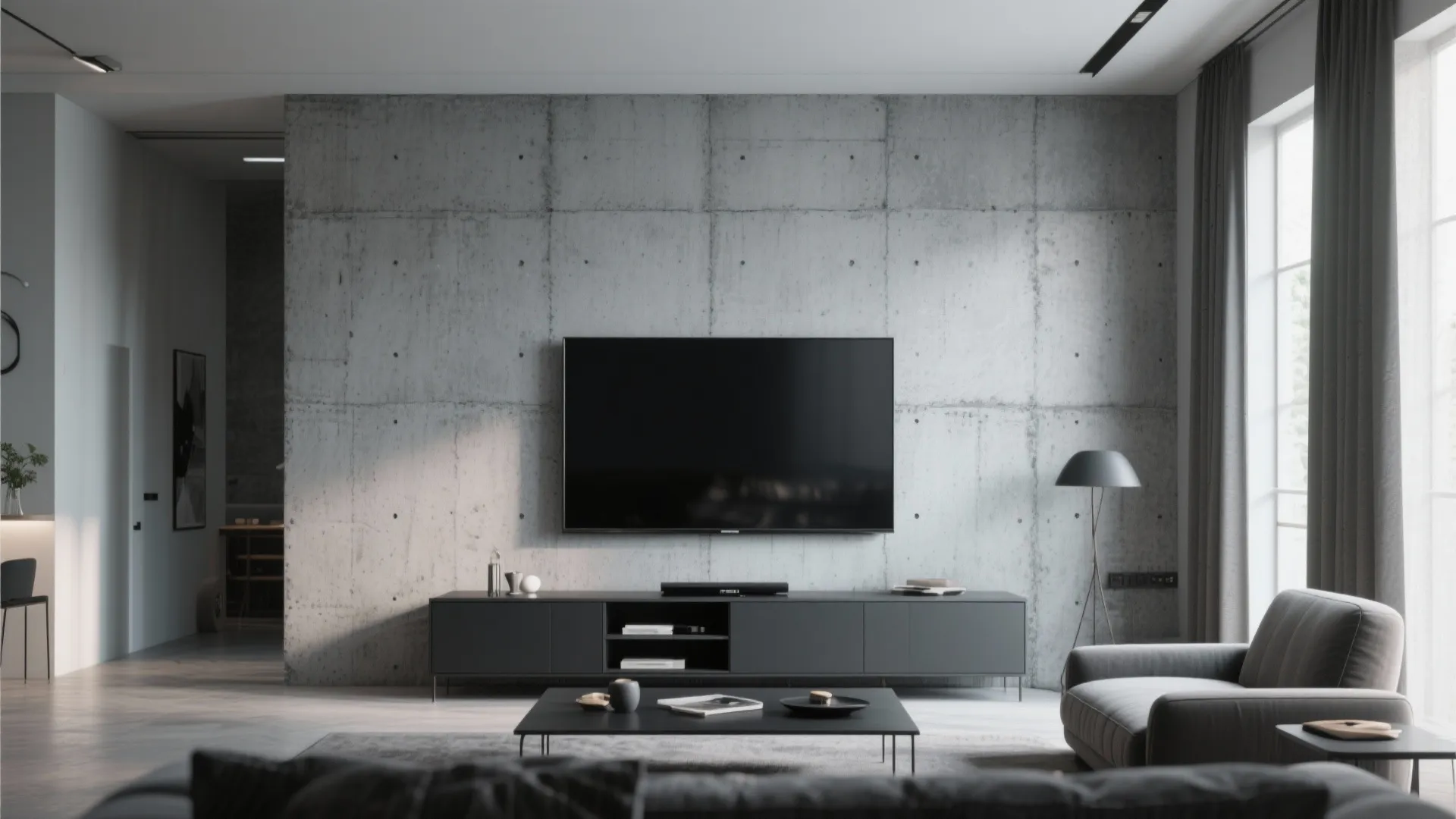 Industrial living room with a large television mounted on a grey concrete wall above cabinet