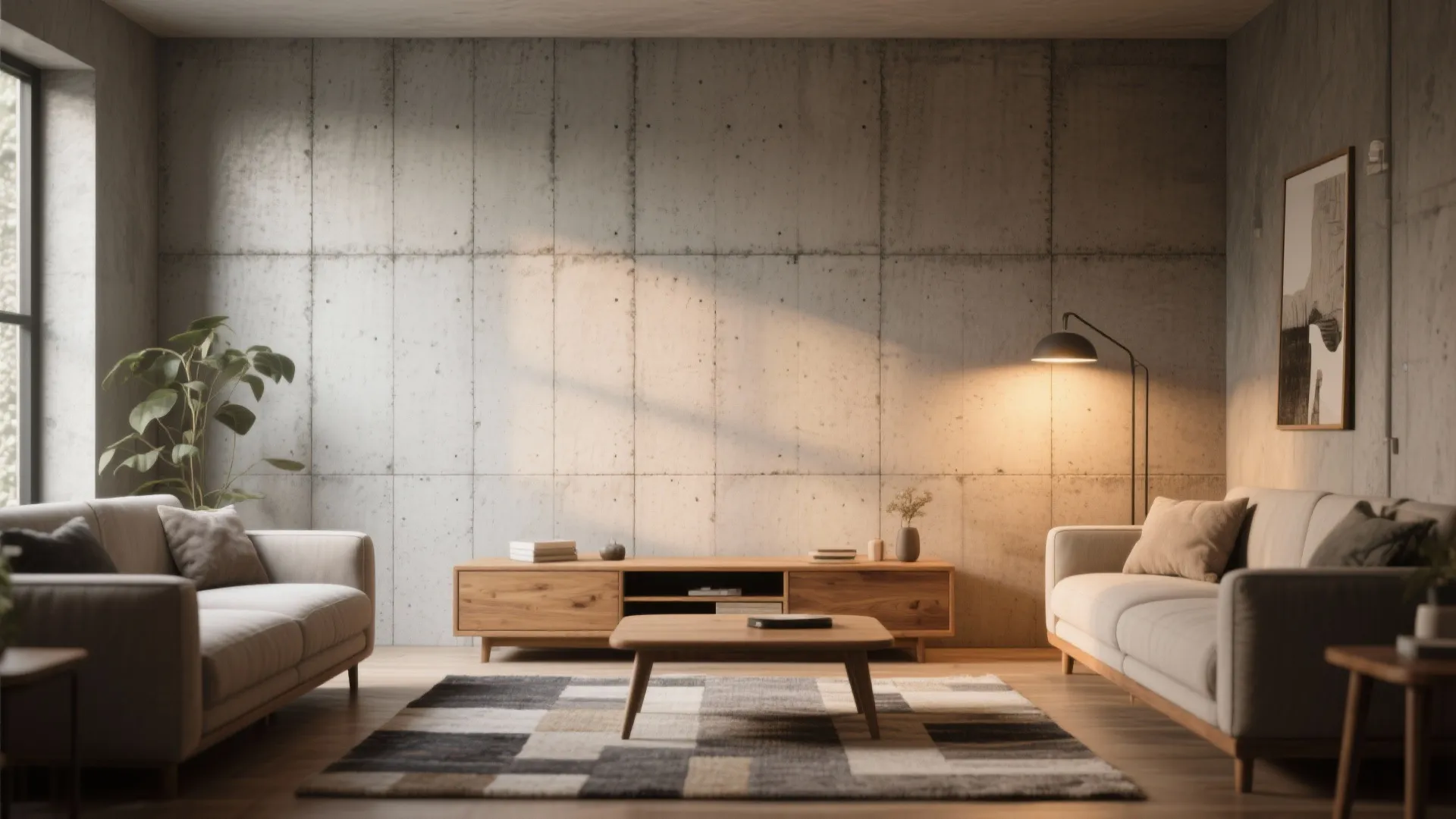 2. Textured cement-look tiles to add warmth without clutter