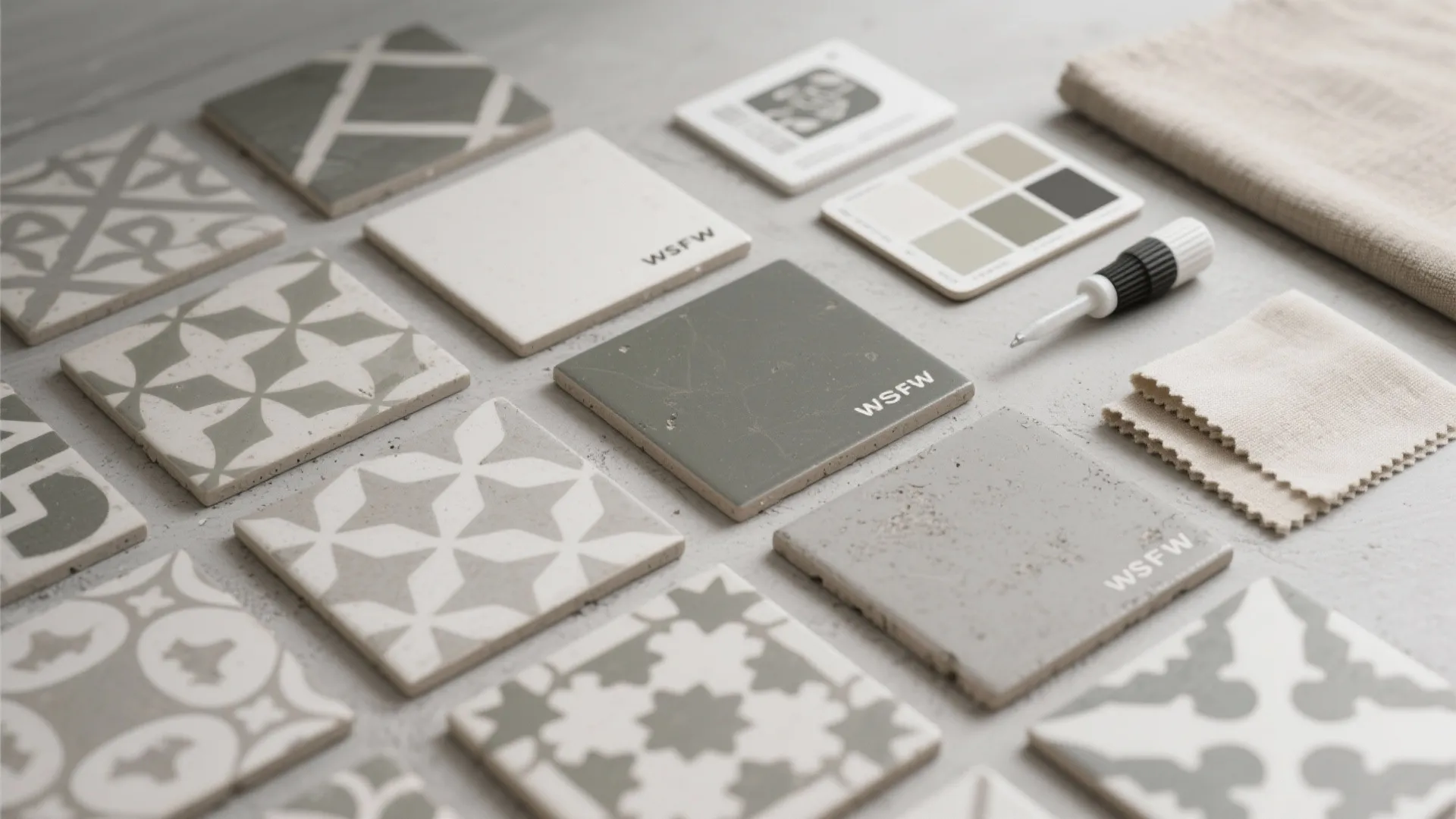 Patterned cement tiles in grey and white colors arranged with fabric swatches and a tool