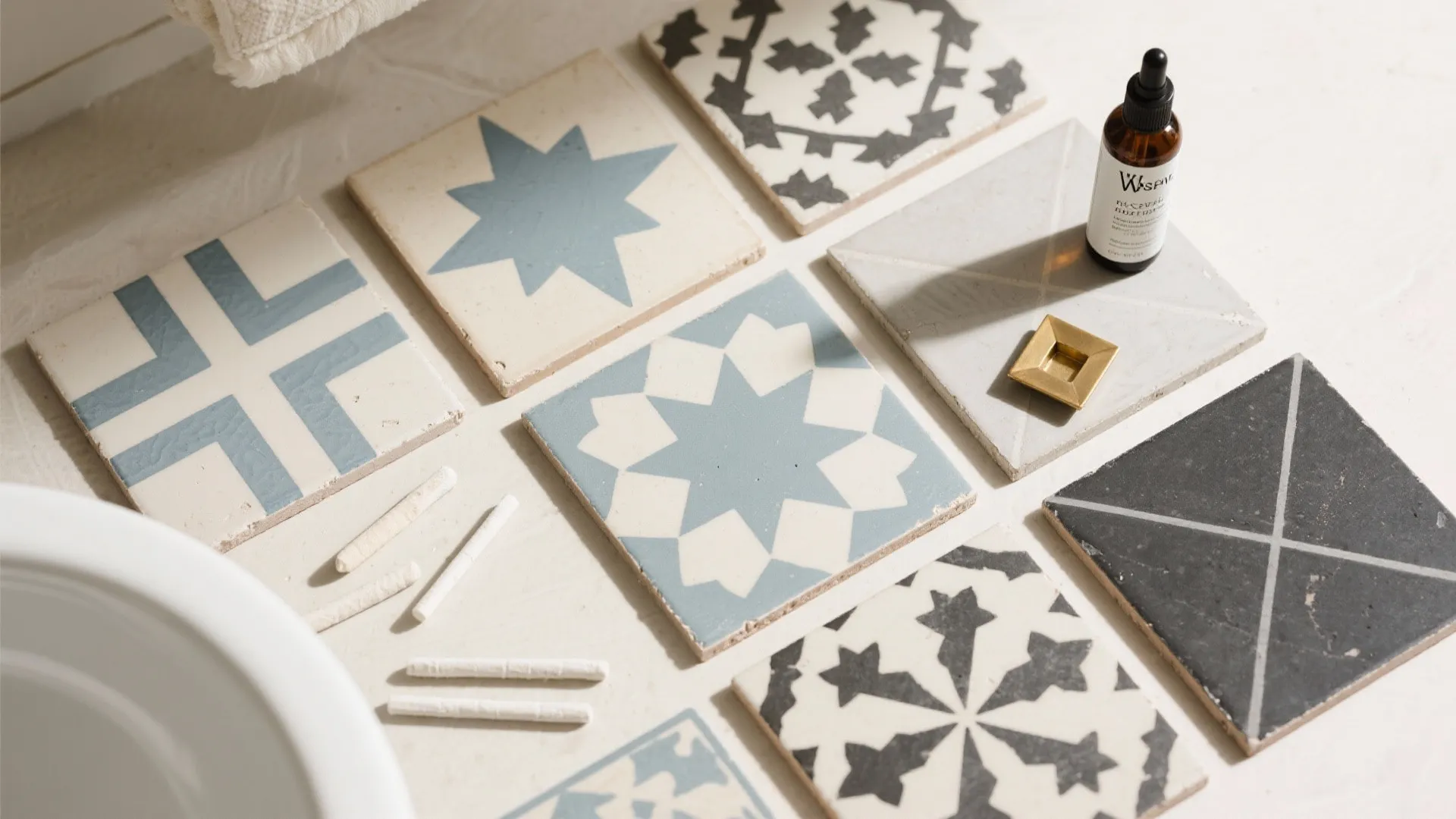 Top-down flat lay of Moroccan cement tile patterns with grout and brass finish samples.