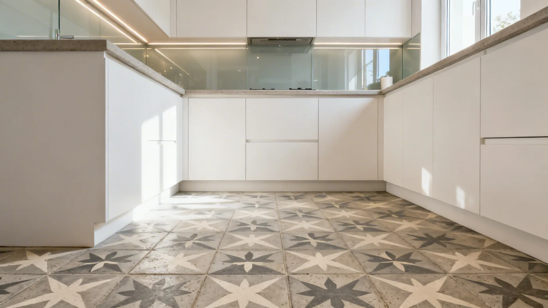 Neutral geometric cement tile floor in greige and bone adding character to a small U-shaped kitchen.