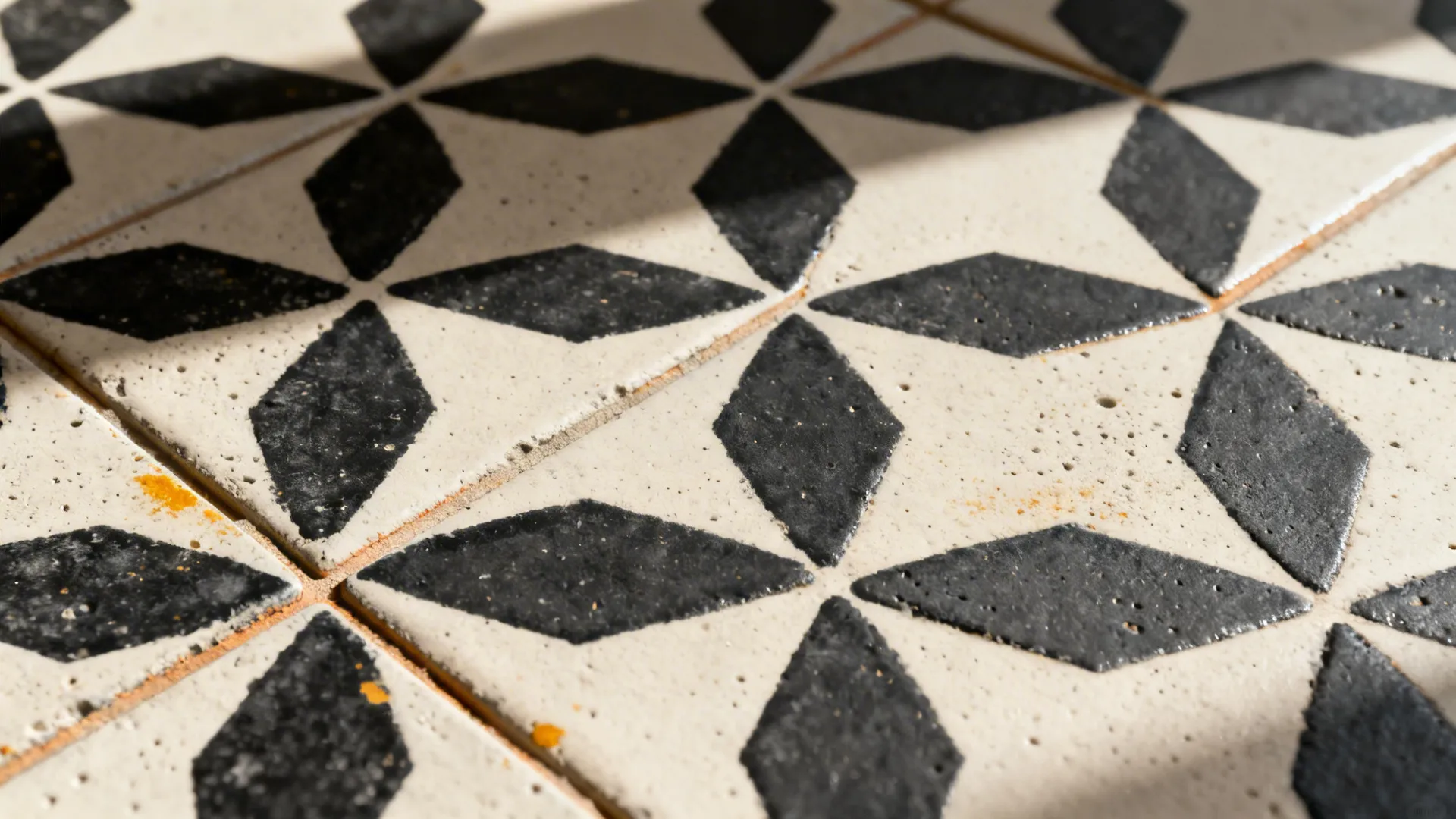 Close-up of matte black-and-ivory cement tile with sealed surface and fine grout line.