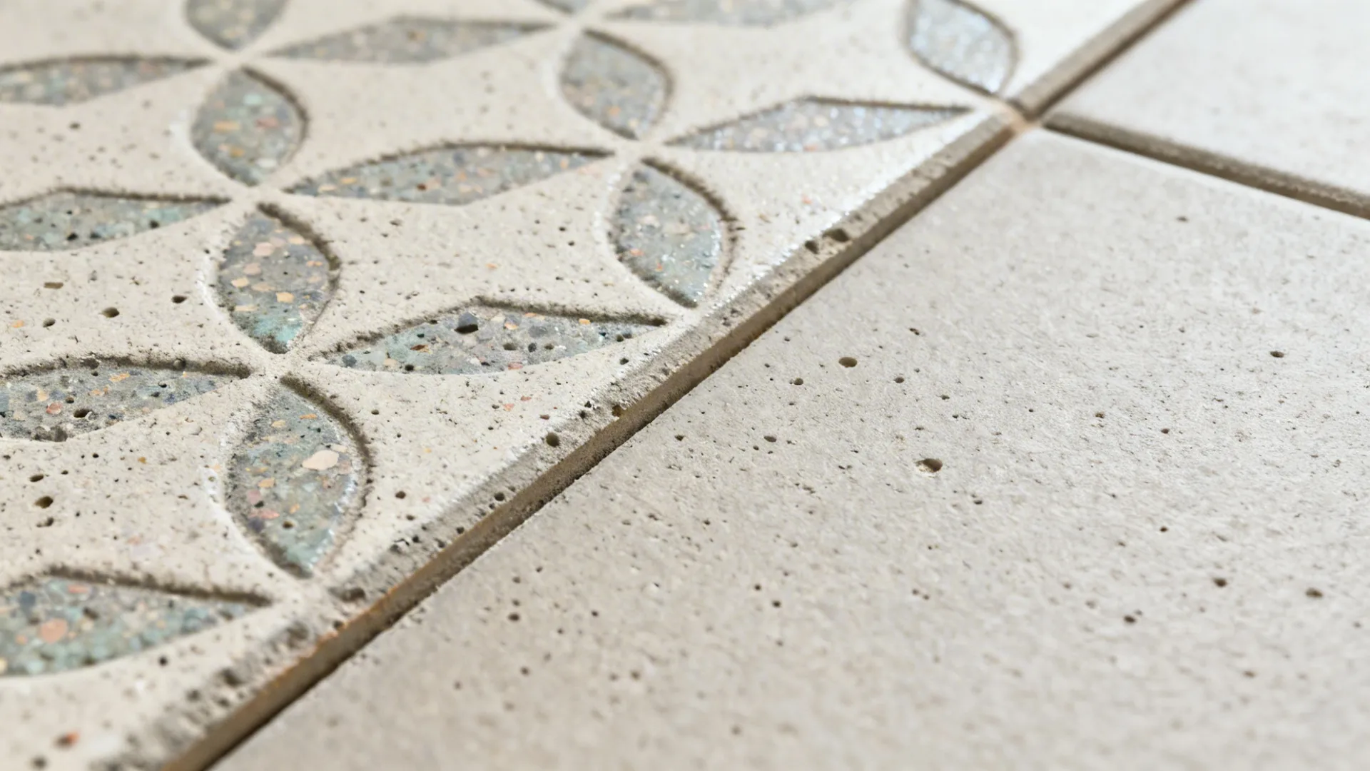 Macro of matte patterned cement tile with fine aggregate and soft pigments.
