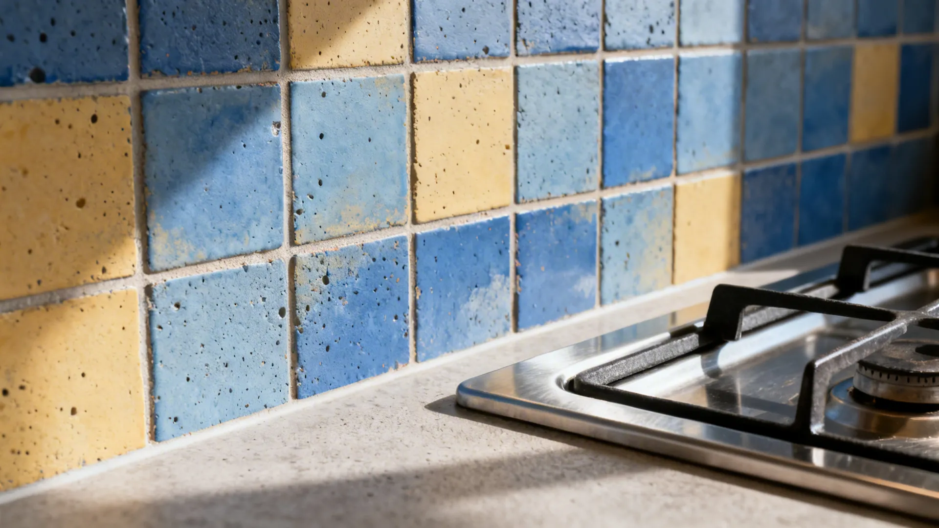 Close-up of matte cement-look patterned tile with blue and ochre design and narrow grout lines.