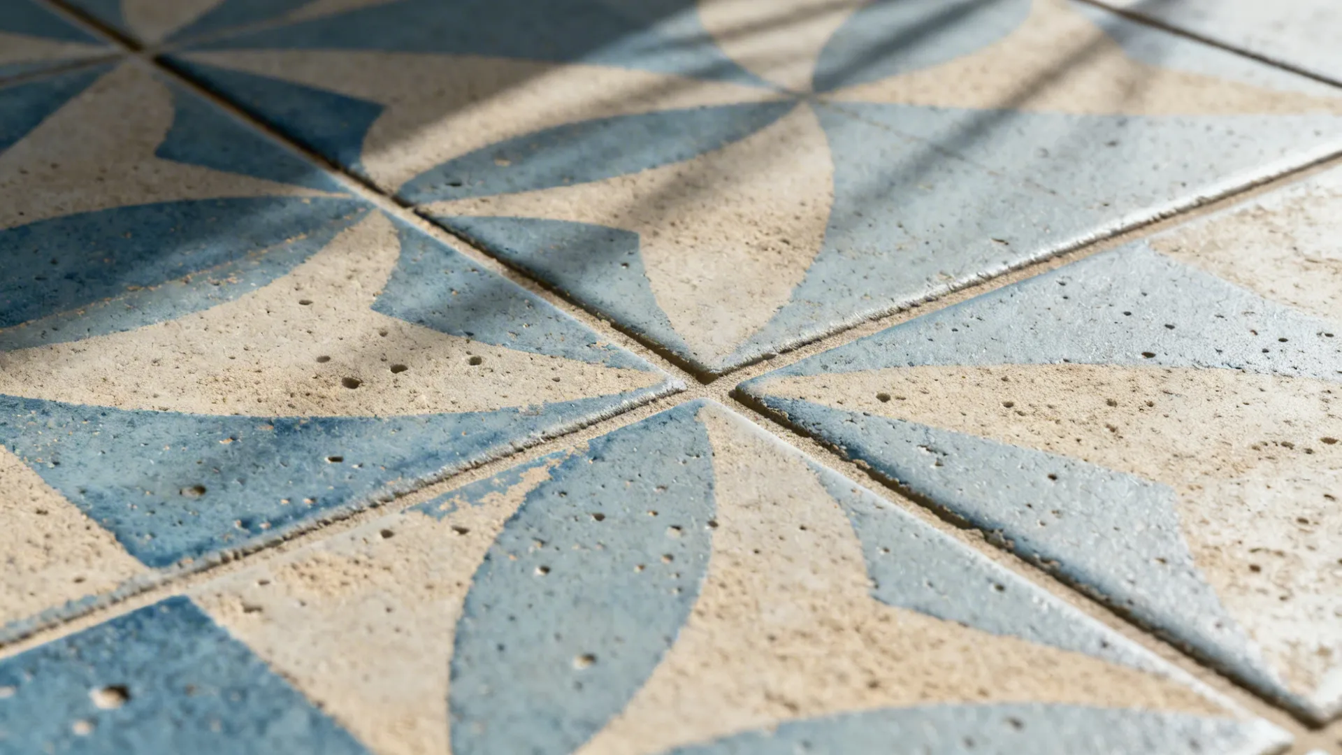 Macro detail of matte patterned cement tile showing sealed micro-texture and tight grout.