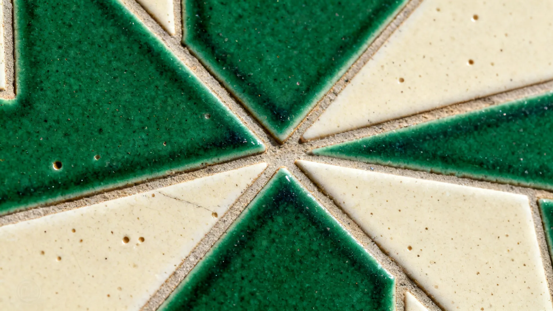 Macro of deep green and cream patterned cement tile with matte texture.