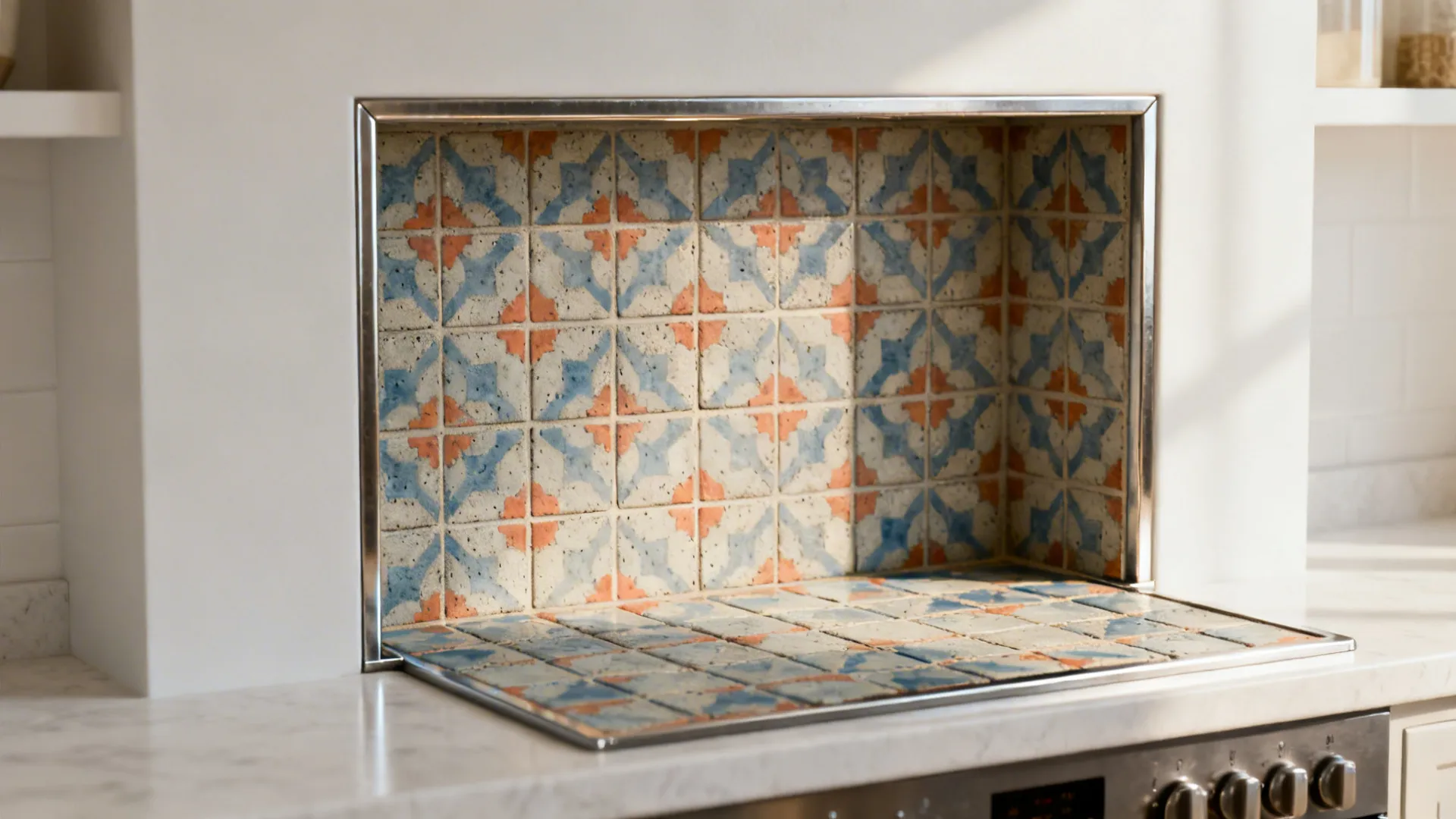 Patterned cement tile niche above a cooktop, framed neatly with metal trim against a white backsplash.