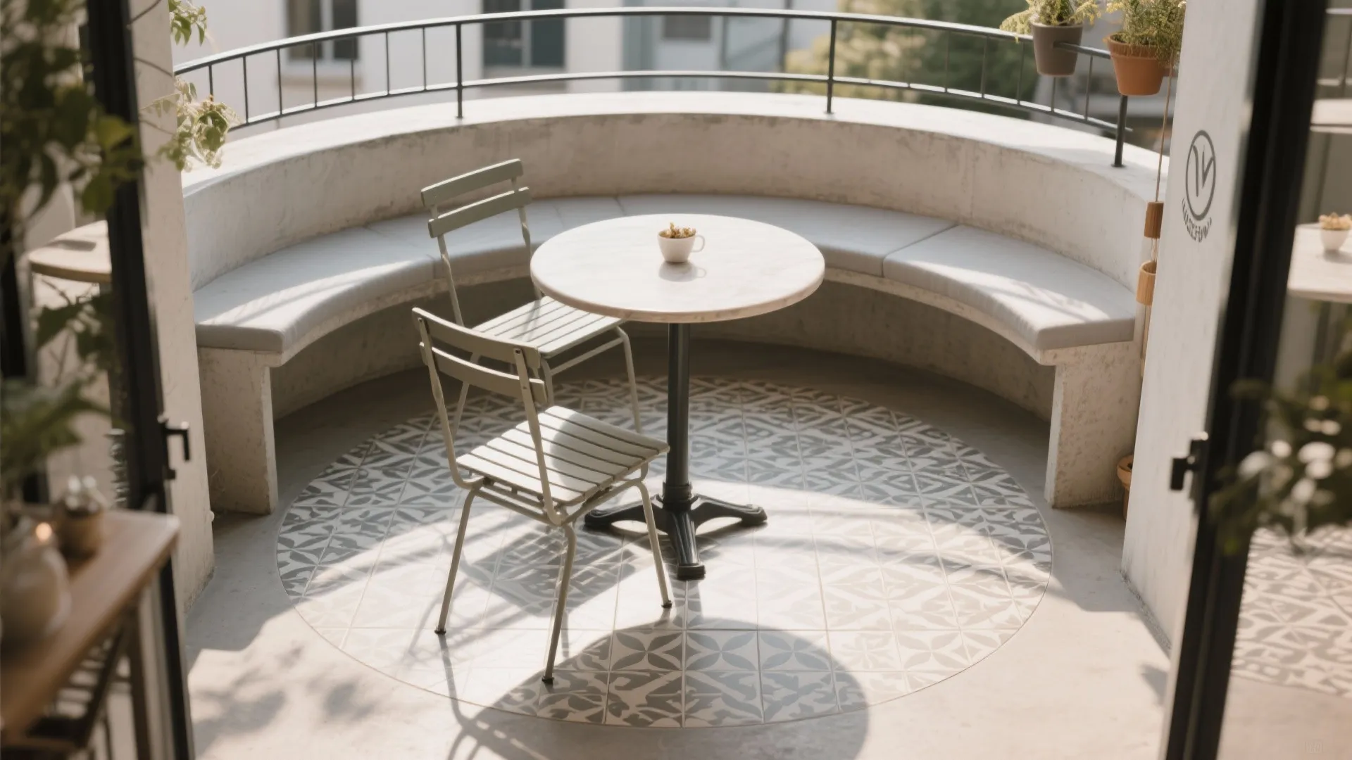Patterned Cement Tiles to Define a Bistro Nook