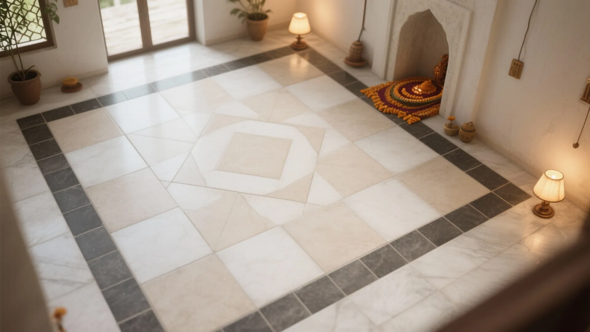 Room with geometric white and beige floor tiles surrounded by a dark grey tiled border